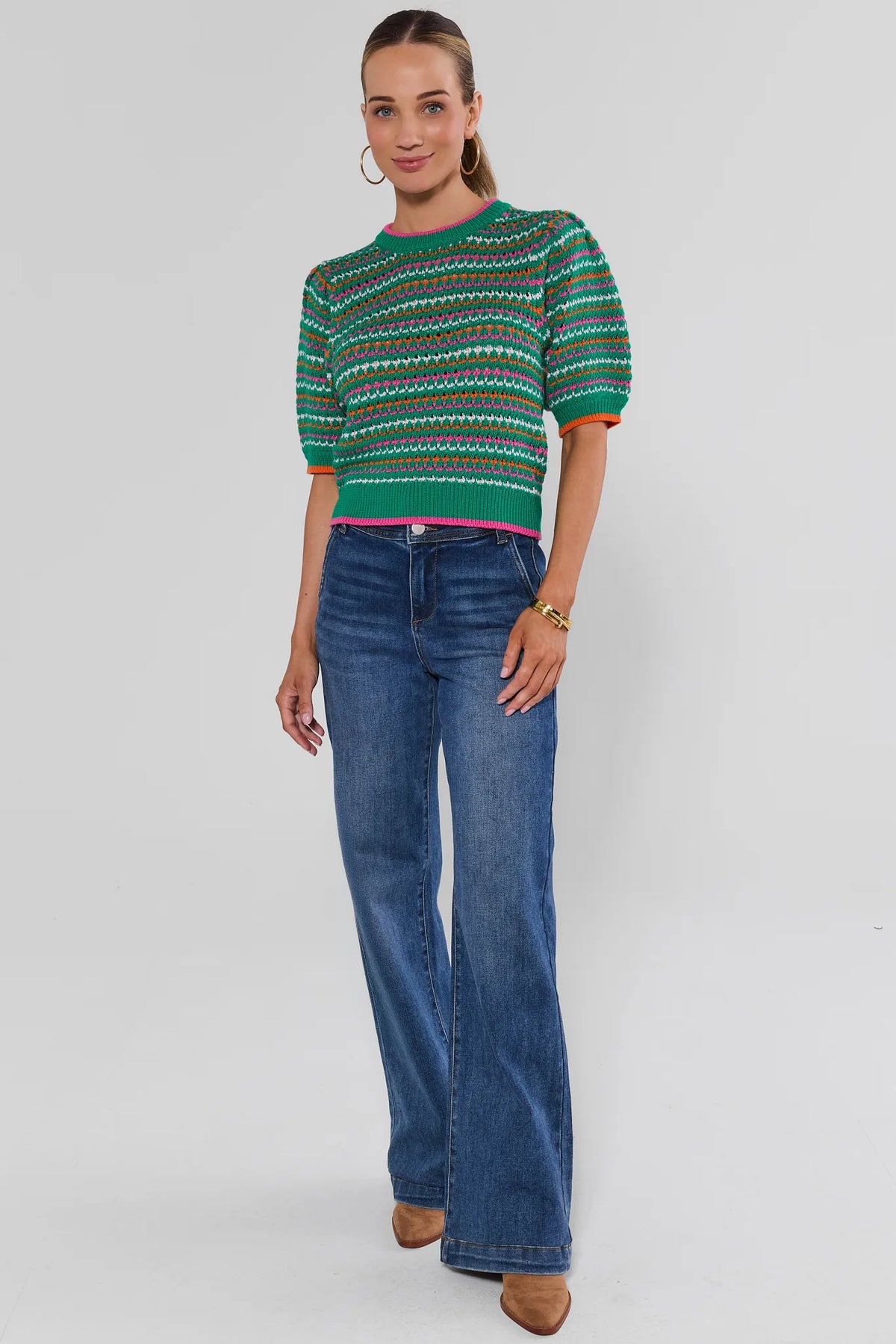 Green Striped Knit Top Styled with Wide Leg Jeans - Full Length Front | Avara