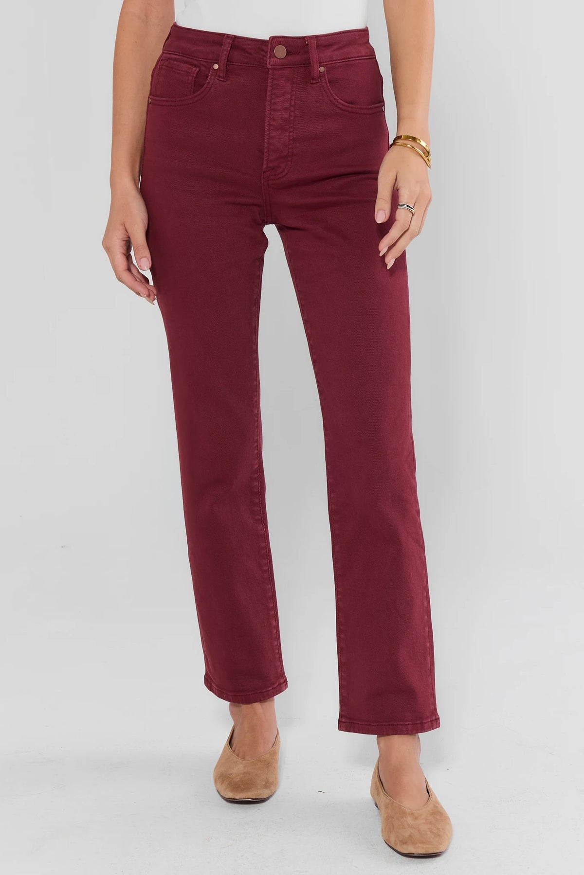 Burgundy High-Rise Straight Leg Jeans - Front View On Model | Avara