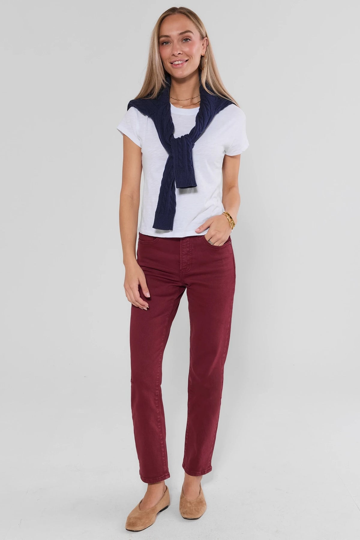 Burgundy Straight Leg Jeans - Full Length Styled Look with Sweater | Avara
