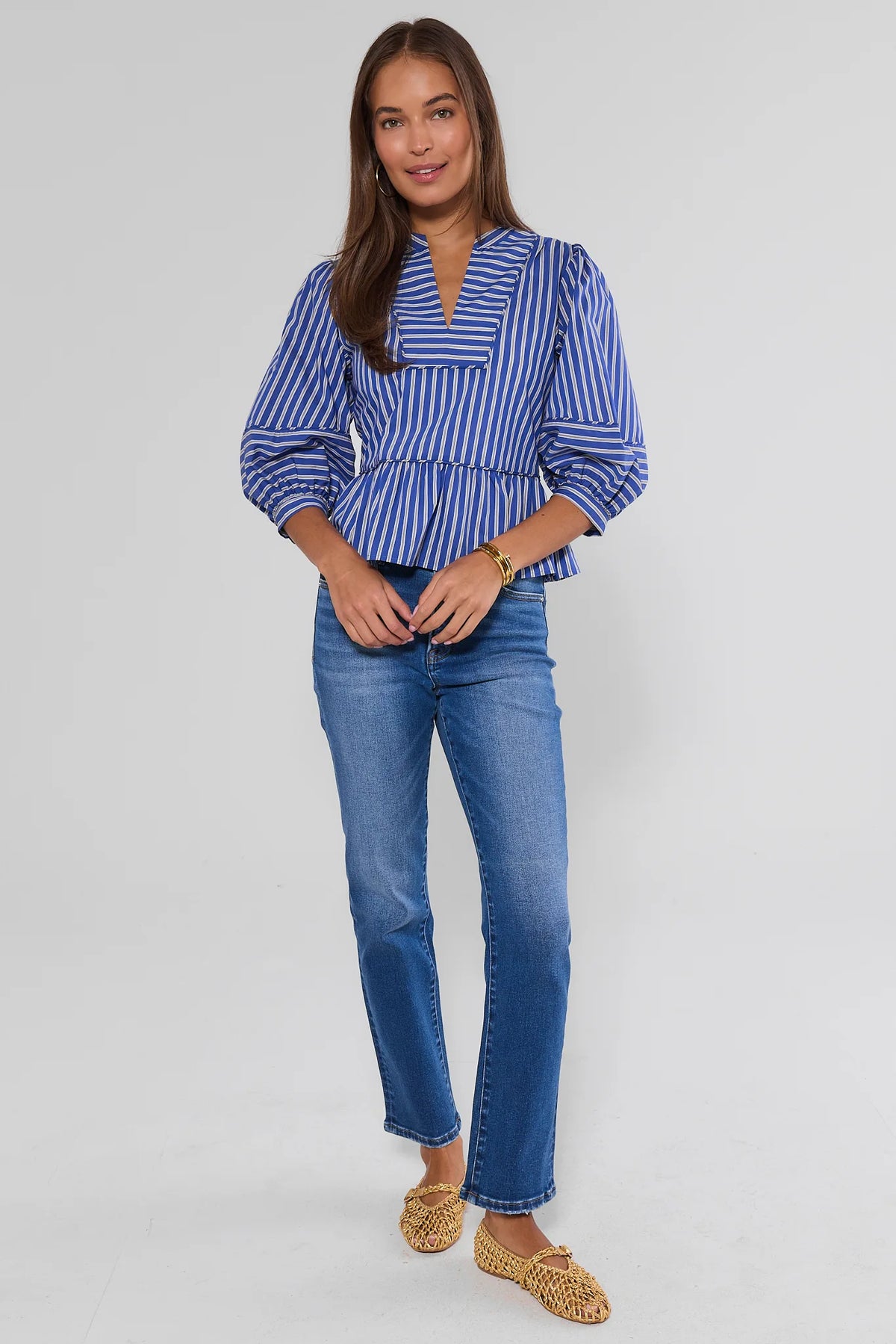Leah Medium Wash Straight Leg Jeans Styled with Blue Striped Top - Full Length | Avara