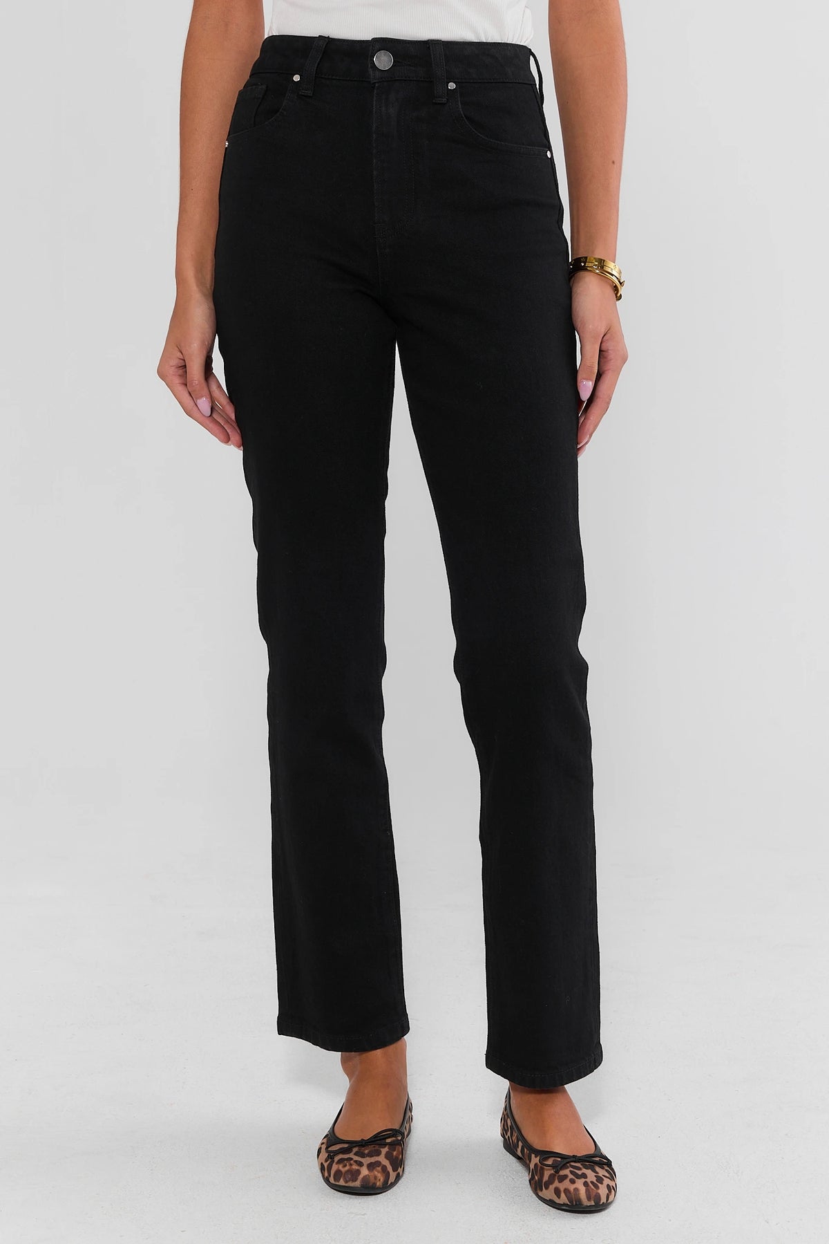 Black Denim Straight Leg Jeans - High-Rise Front View On Model | Avara