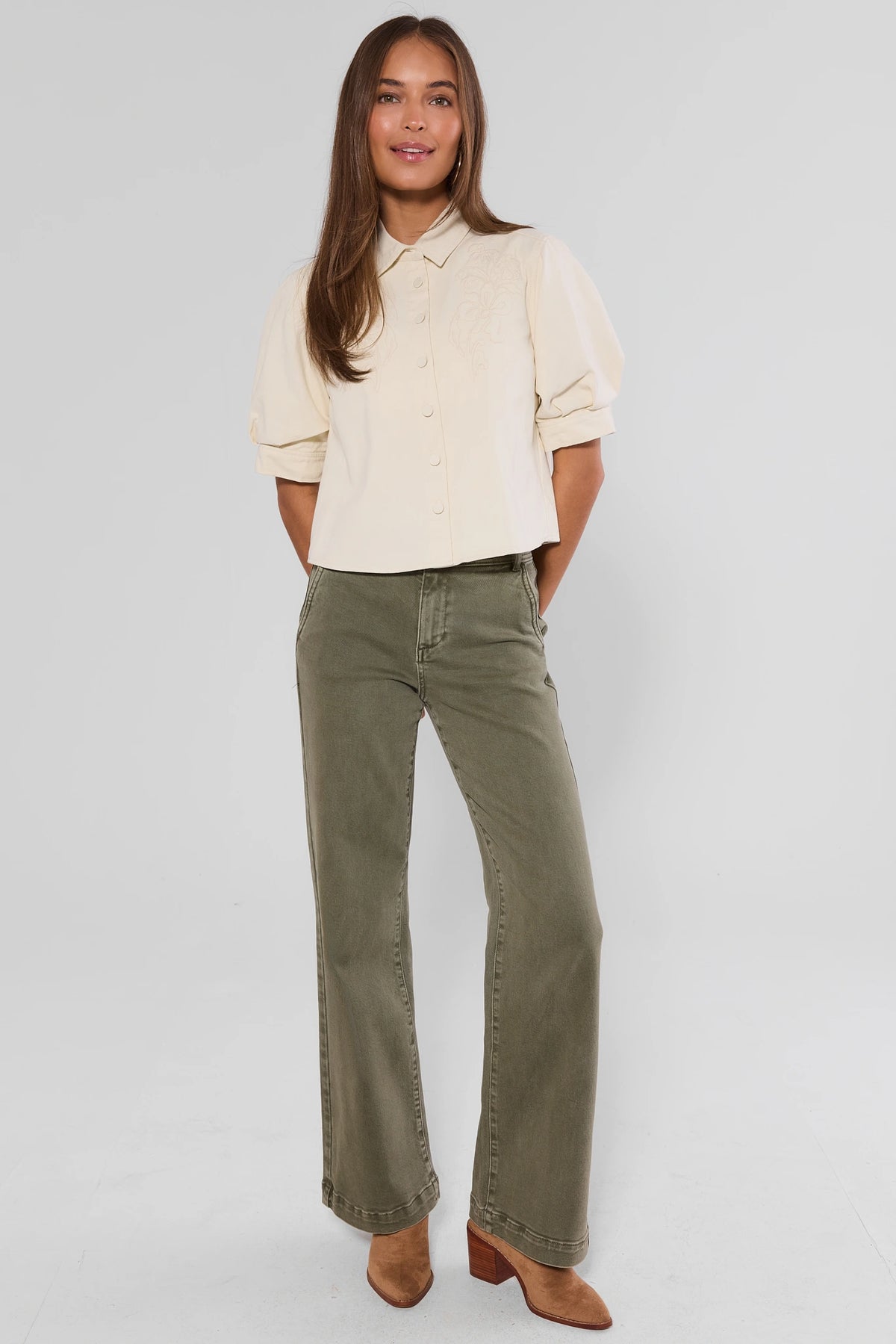 Olive Wide Leg Jeans Styled with Cream Top - Kameron Full Length Look, On-Model Front View | Avara
