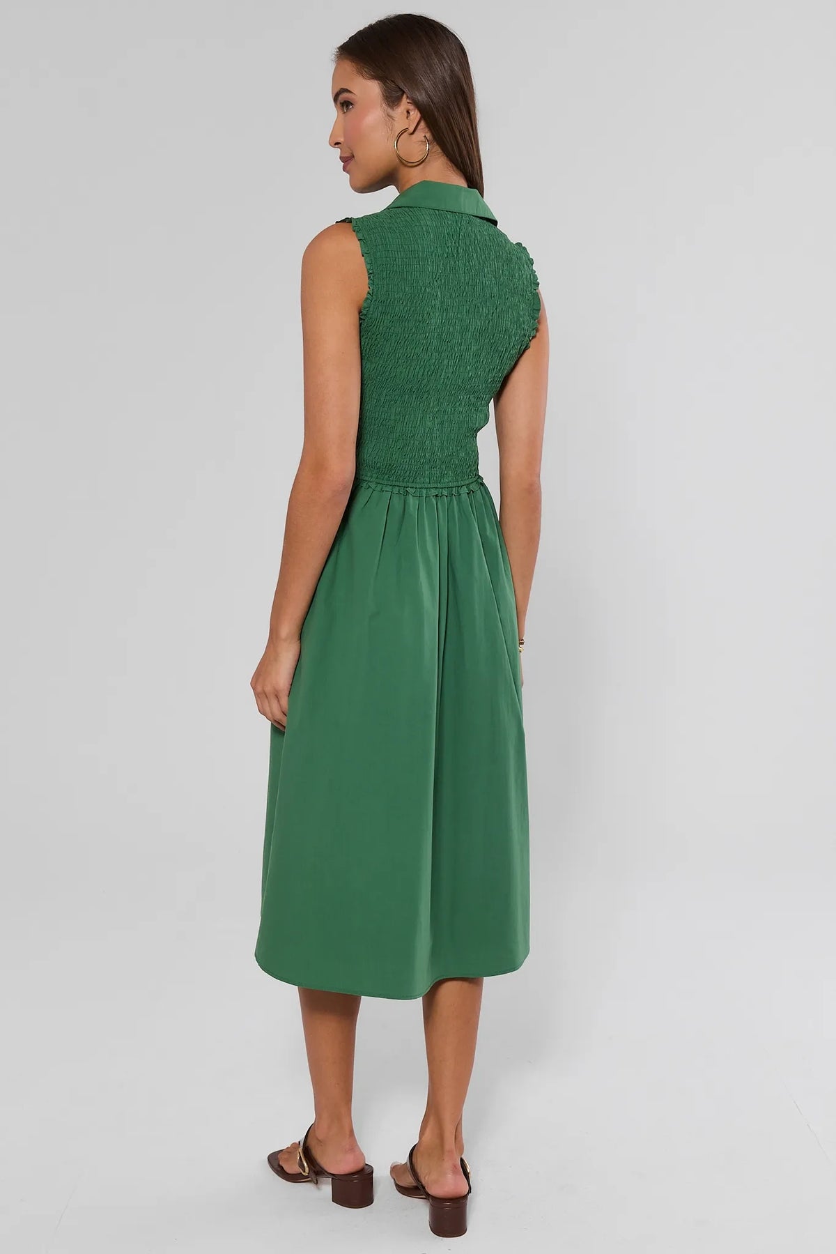 Green Smocked Midi Dress - Back View, Modest Midi Length | Avara