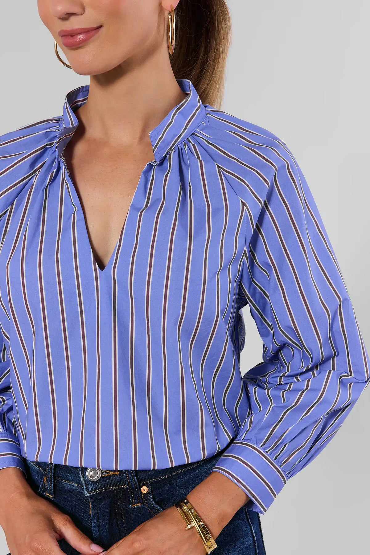 Blue Striped Split Neck Top - Split Neckline Close-Up Detail On Model | Avara