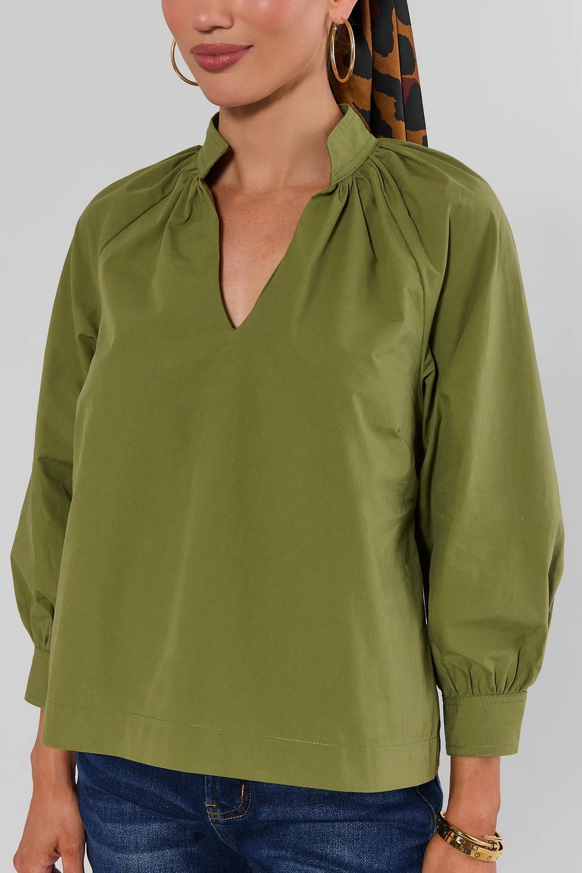 Olive Green Split Neck Top - Neckline Close-Up Detail | Avara