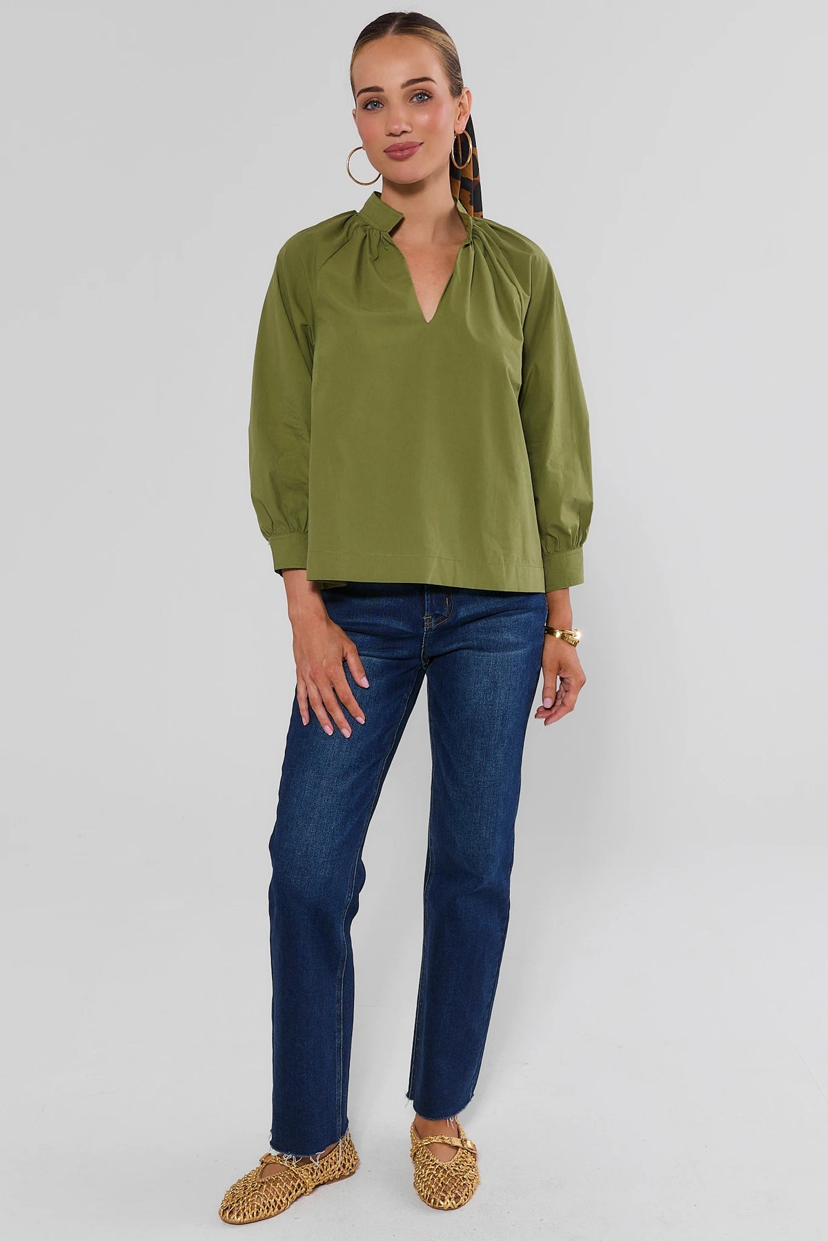 Olive Green Split Neck Top - Full Length Styled with Dark Denim | Avara