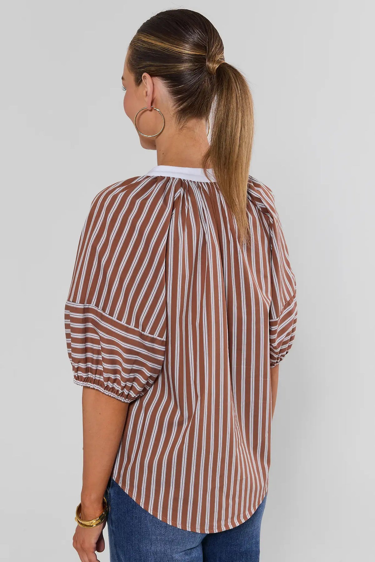 Brown Striped Contrast Trim Top Puff Sleeve - Back View On Model | Avara
