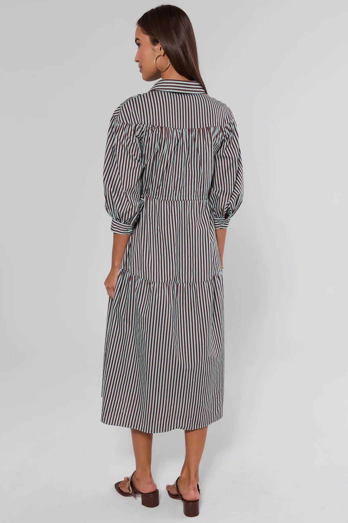 Brown Striped Button-Up Midi Dress - Back View Showing Puff Sleeves | Avara