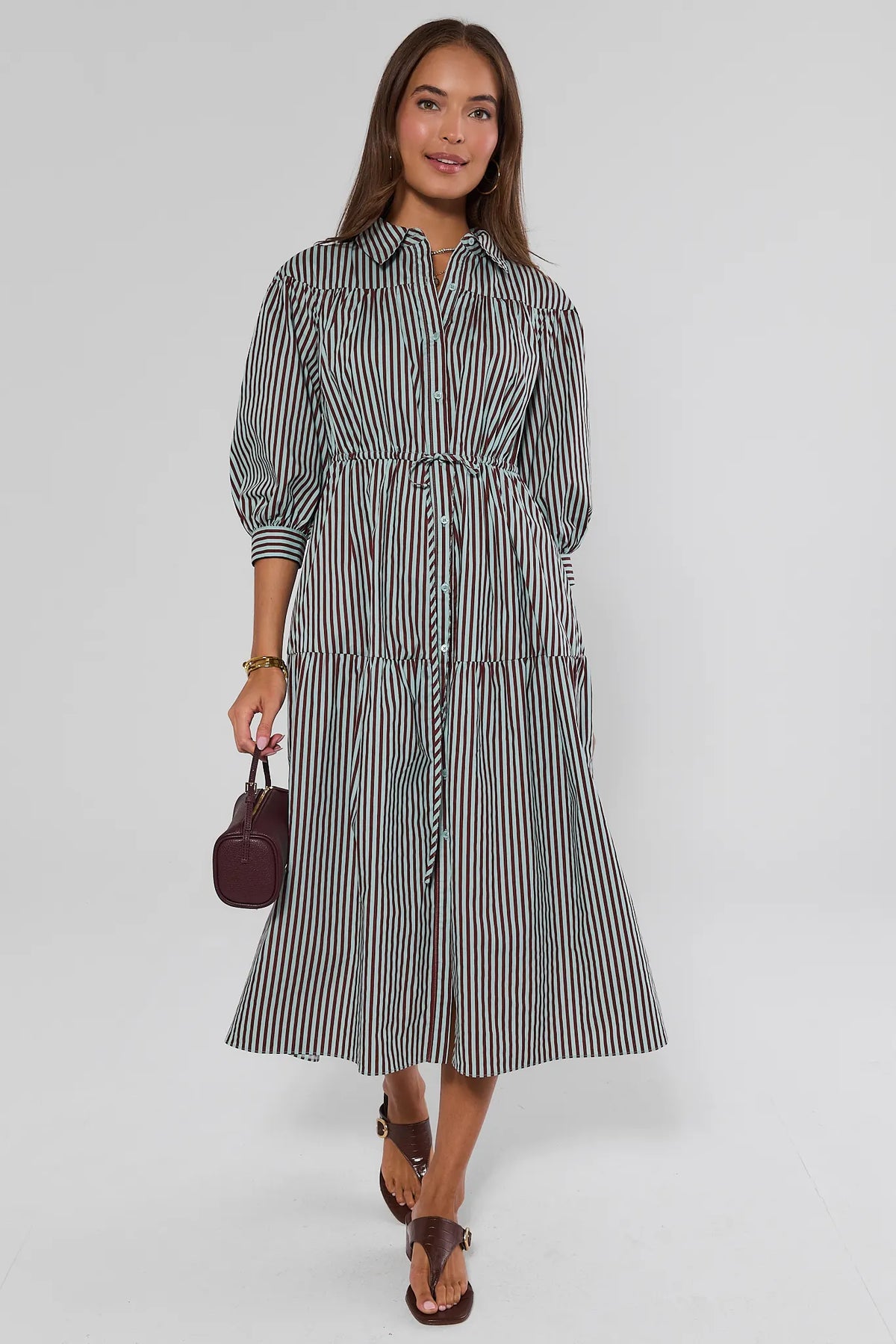Brown Mint Striped Tiered Midi Dress - Full Length Front View On Model | Avara