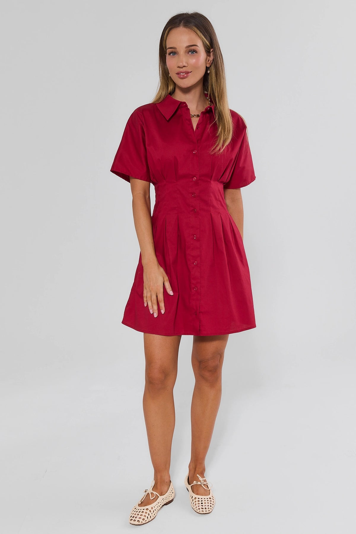 Red Pleated Button Up Mini Dress - Full Front On-Model Styled Look | Avara