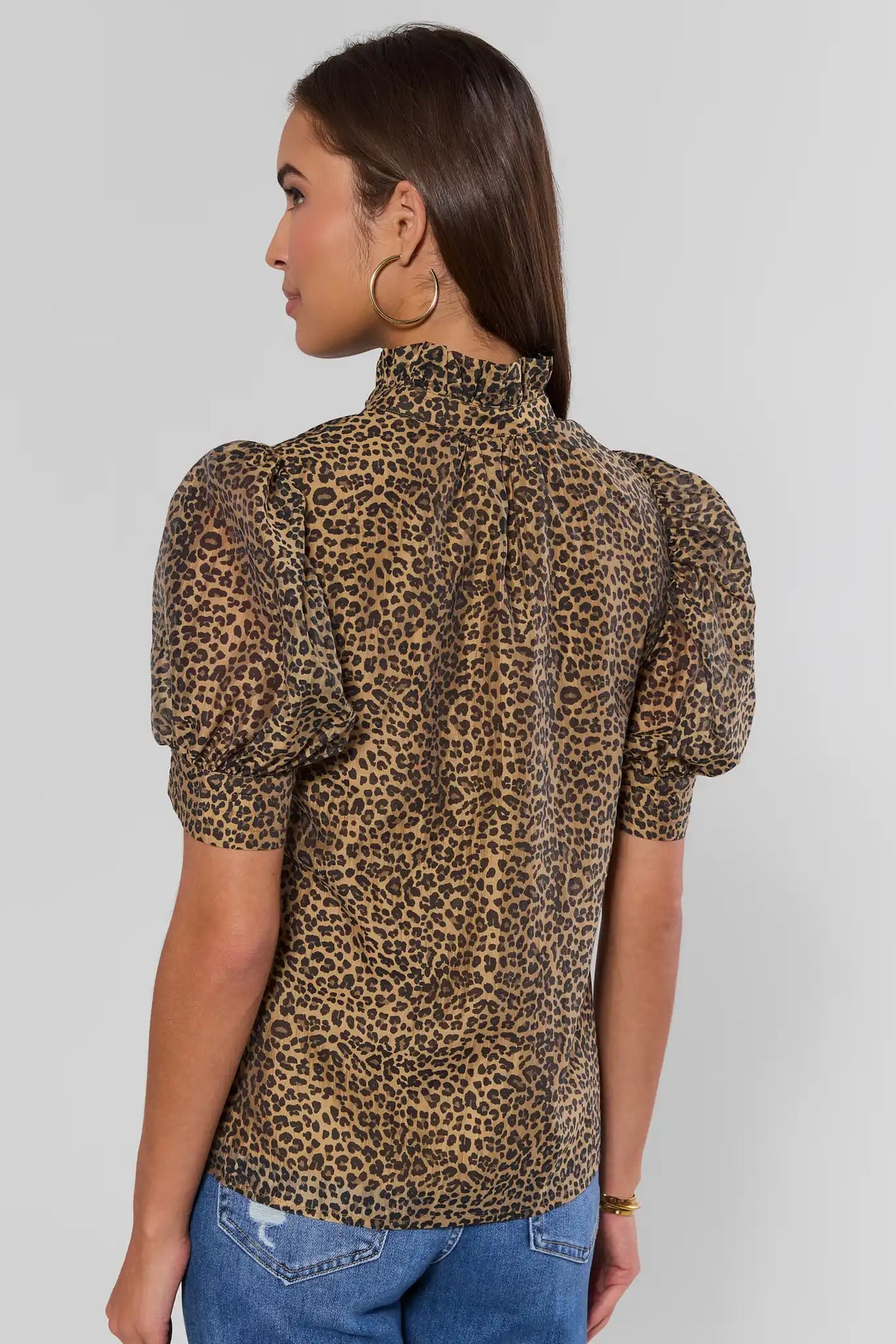 Leopard Print Puff Sleeve Button Up Top - Back View Showing Ruffle Band Collar Detail | Avara