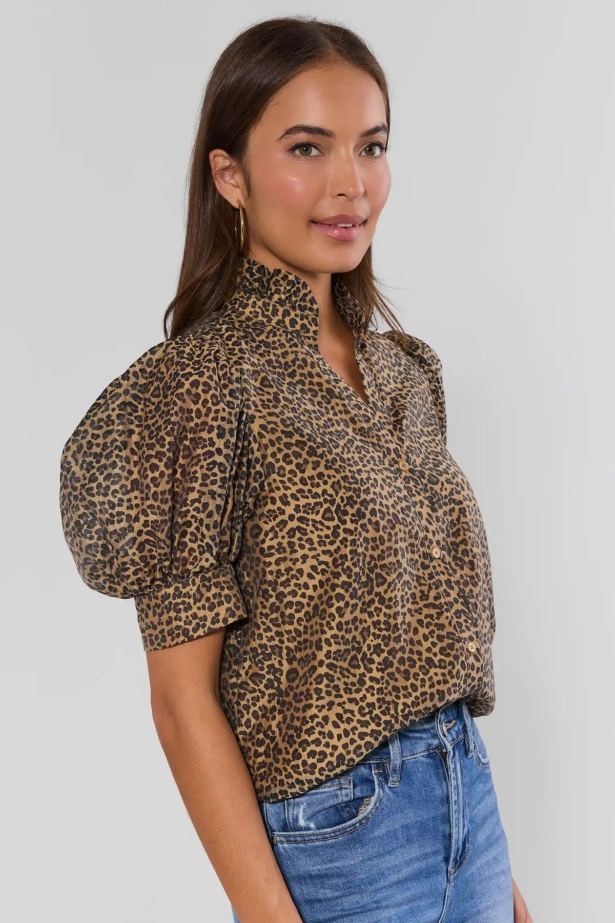 Leopard Print Puff Sleeve Button Up Top - Three-Quarter Side View On Model with Denim | Avara