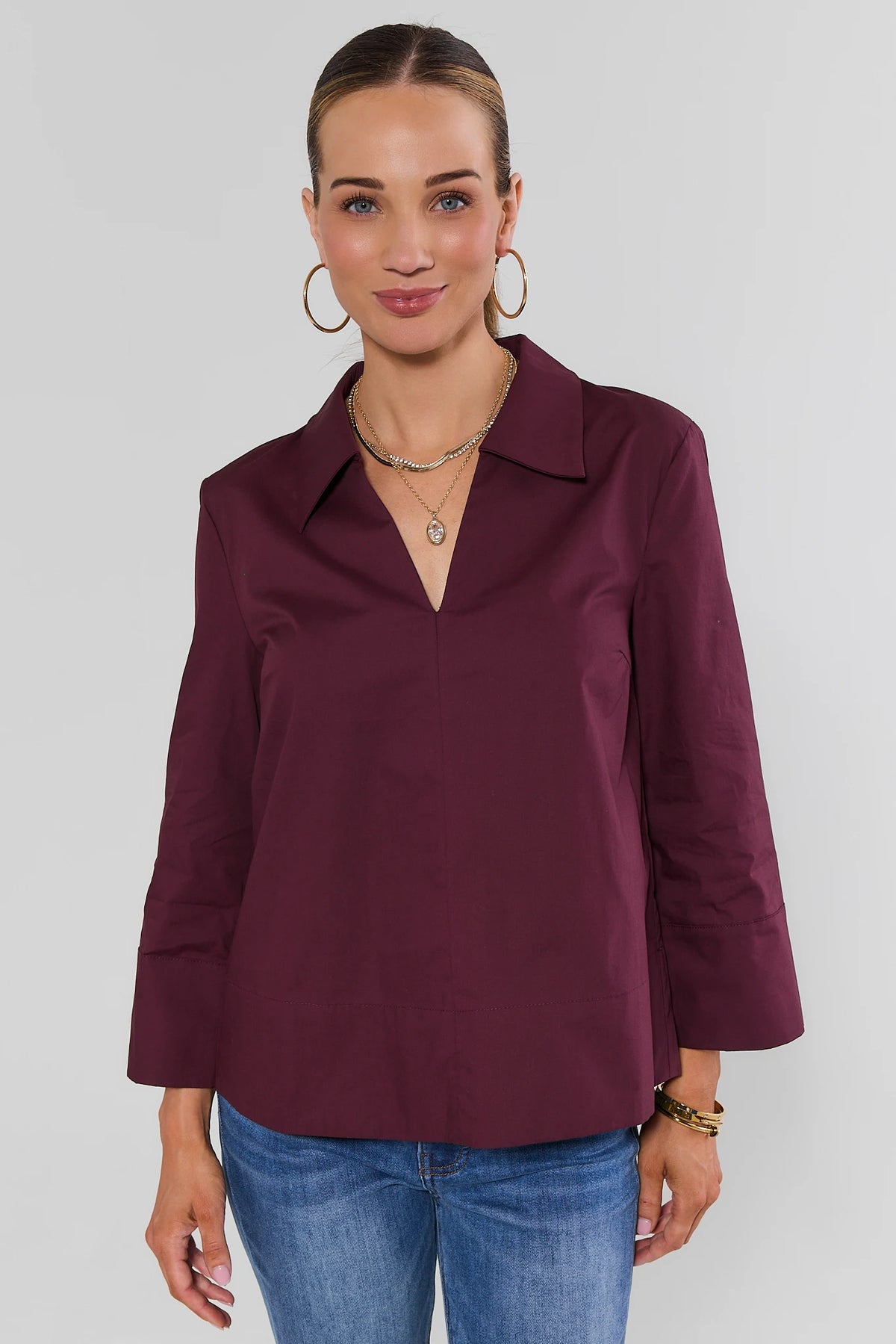 Maroon Split Neck Collared Top - Front View, On Model with Jeans | Avara