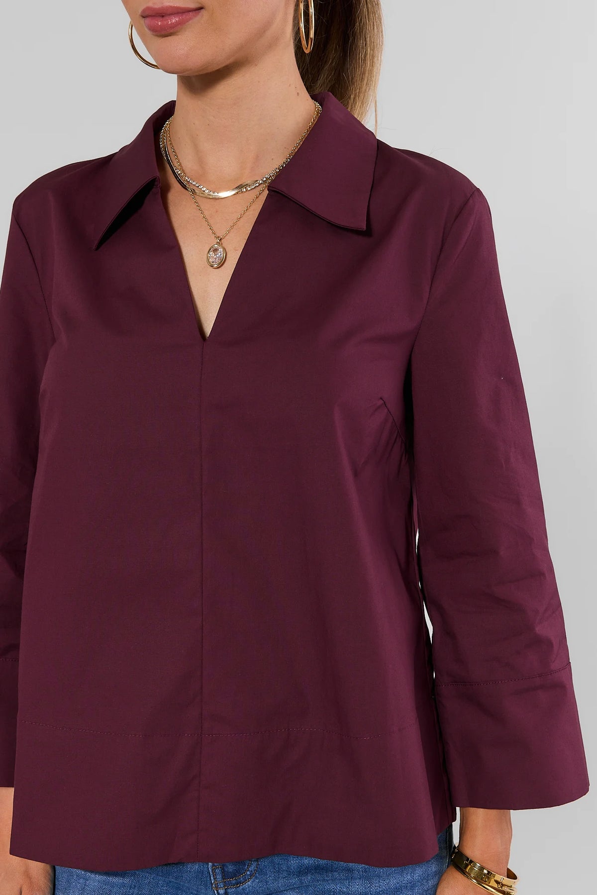Maroon Collared Top - Split Neckline Close-Up Detail | Avara