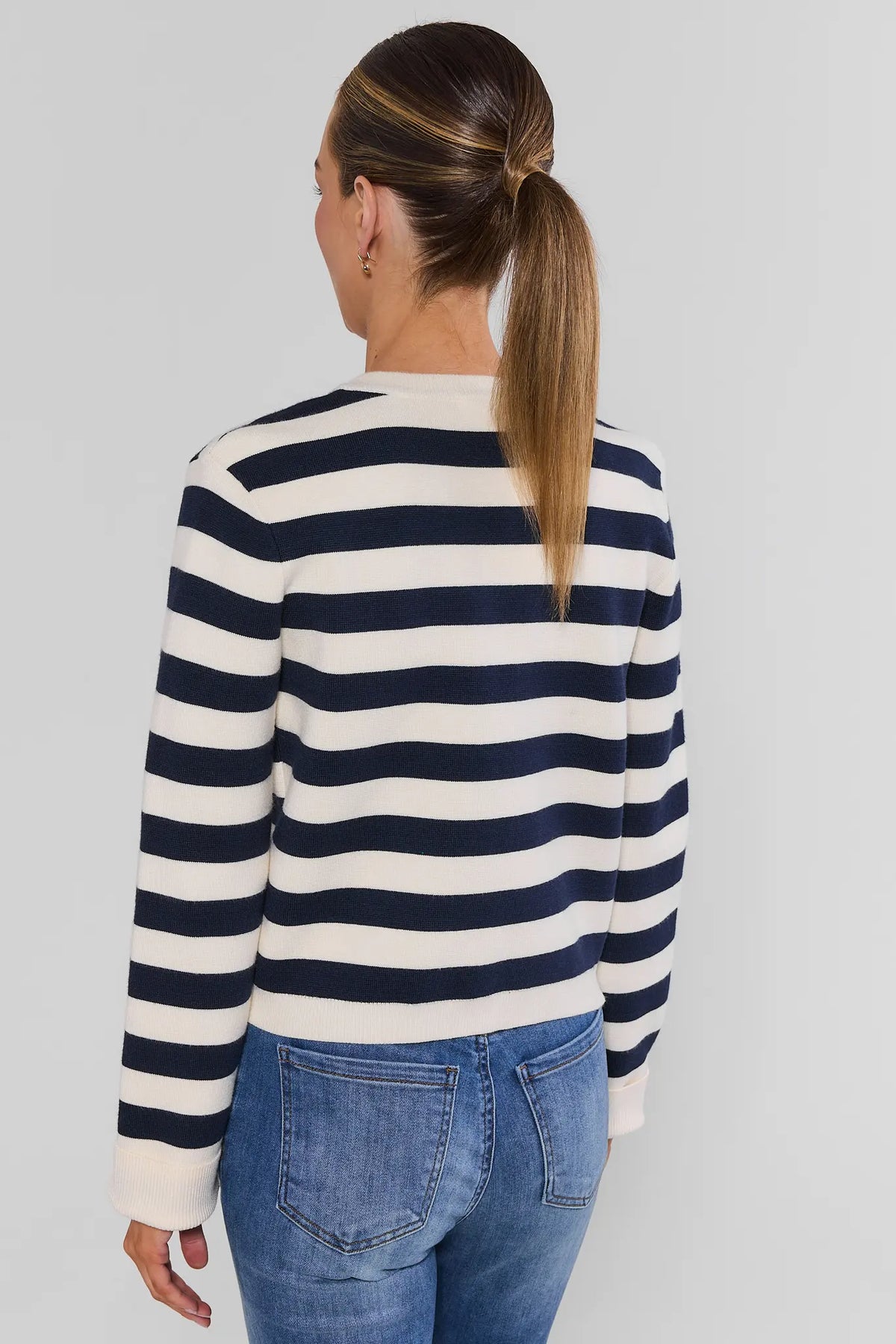Navy Striped Knit Button Up Cardigan - Back View On Model | Avara