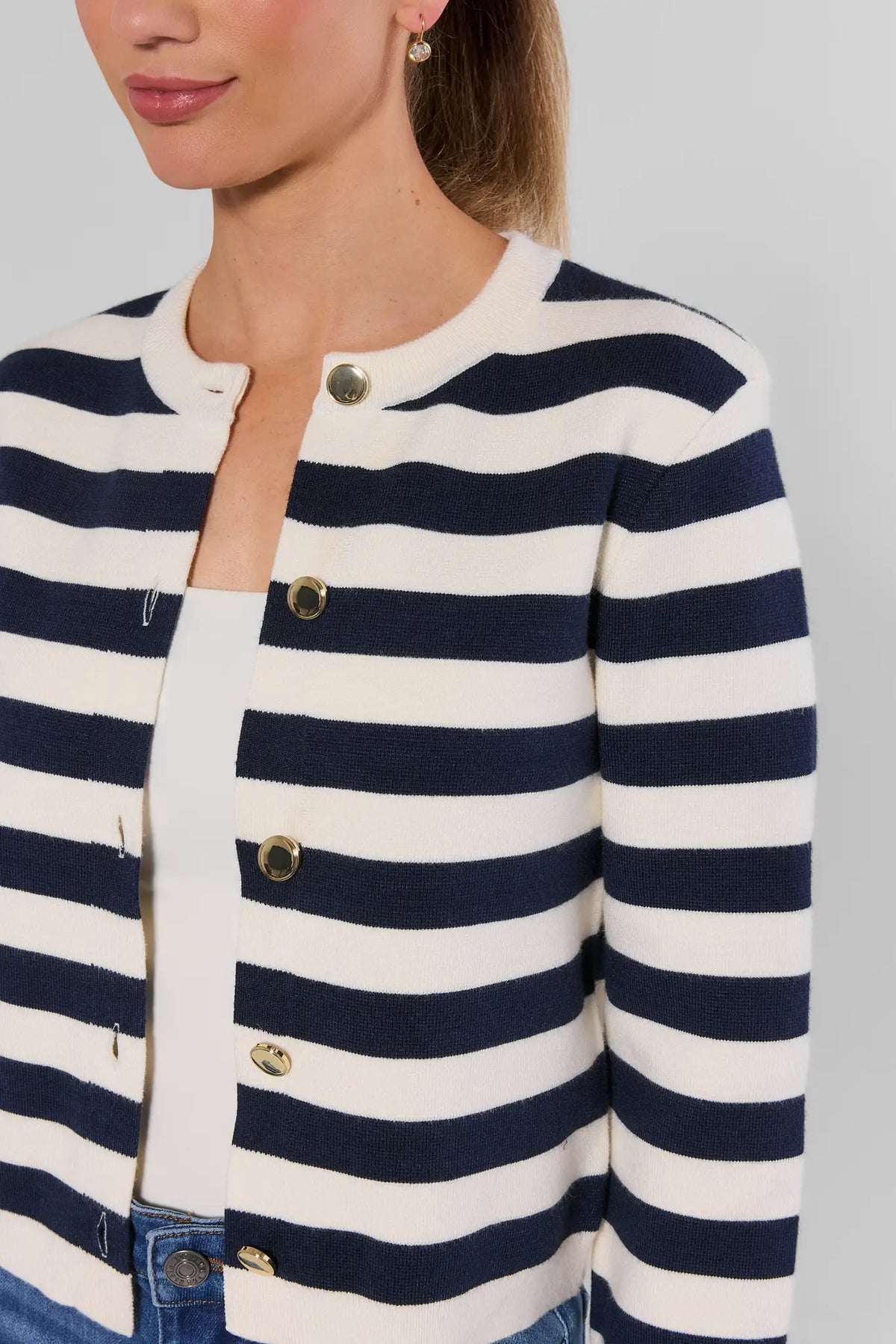 Navy Striped Knit Cardigan - Gold Button Close-Up Detail | Avara