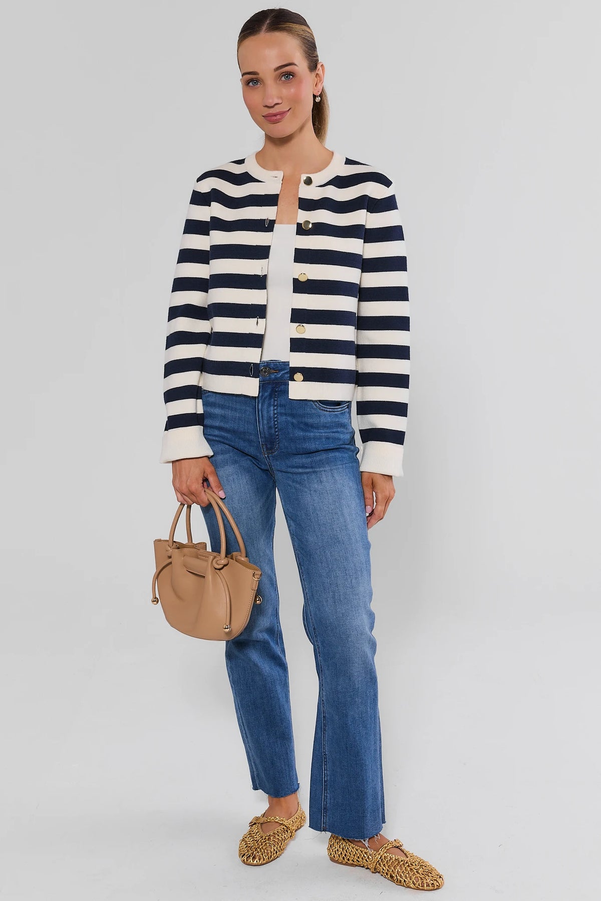 Navy Striped Button Up Cardigan Styled with Jeans and Tan Woven Flats - Full Length | Avara