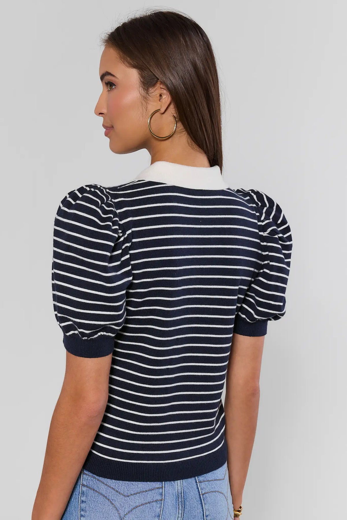 Navy Striped Knit Collared Top - Back View Showing Bubble Sleeve Detail | Avara