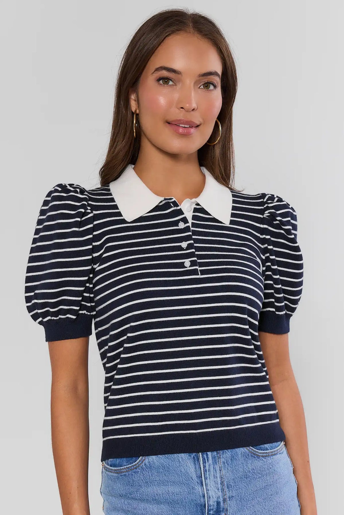 Navy Striped Knit Polo Top with Bubble Sleeves - Front View On Model | Avara