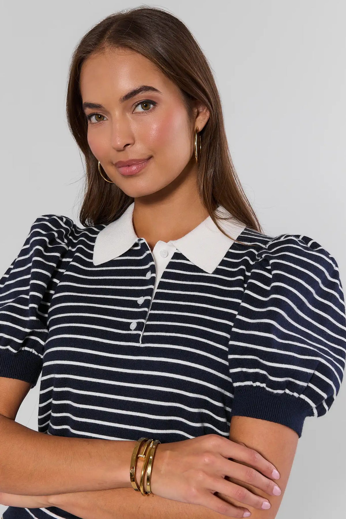 Navy Striped Collared Top - Collar and Puff Sleeve Close-Up Detail | Avara