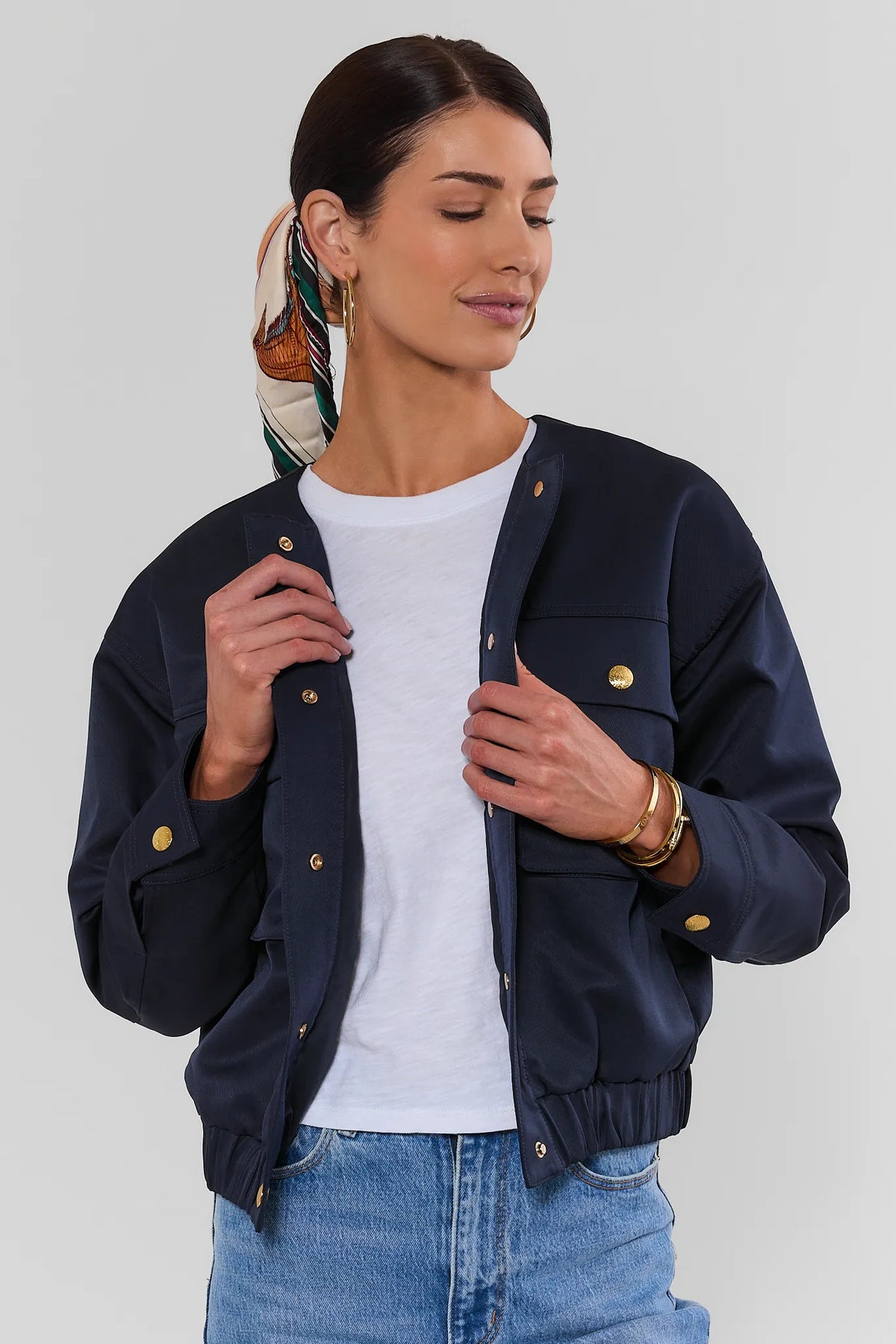 Navy Button Up Jacket Styled with Jeans - Three-Quarter View On Model | Avara