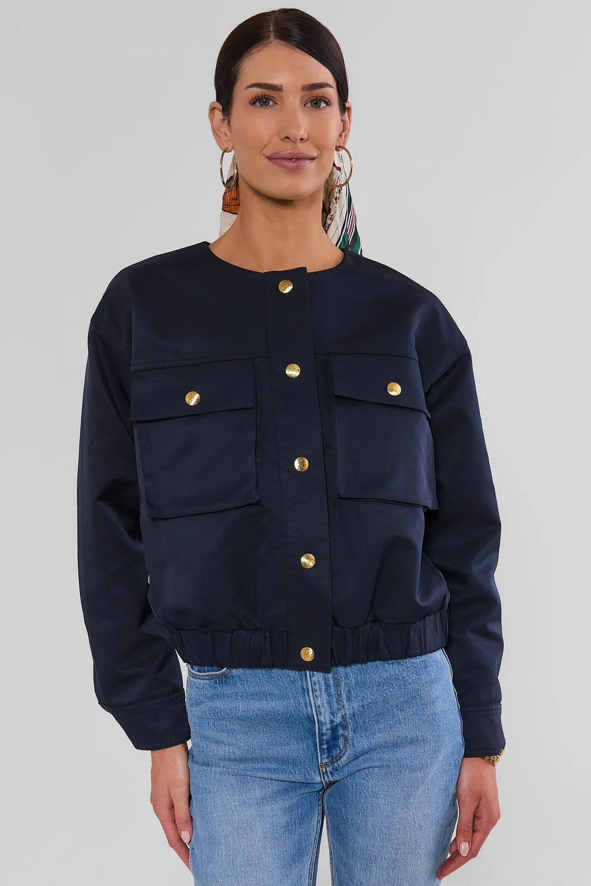 Navy Blue Button Up Jacket with Gold Buttons and Patch Pockets - Front View | Avara