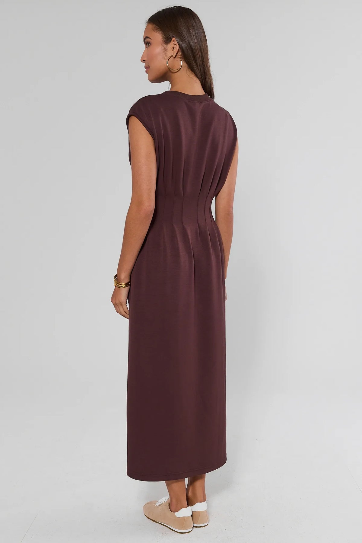 Brown Pleated Knit Midi Dress - Back View On Model | Avara