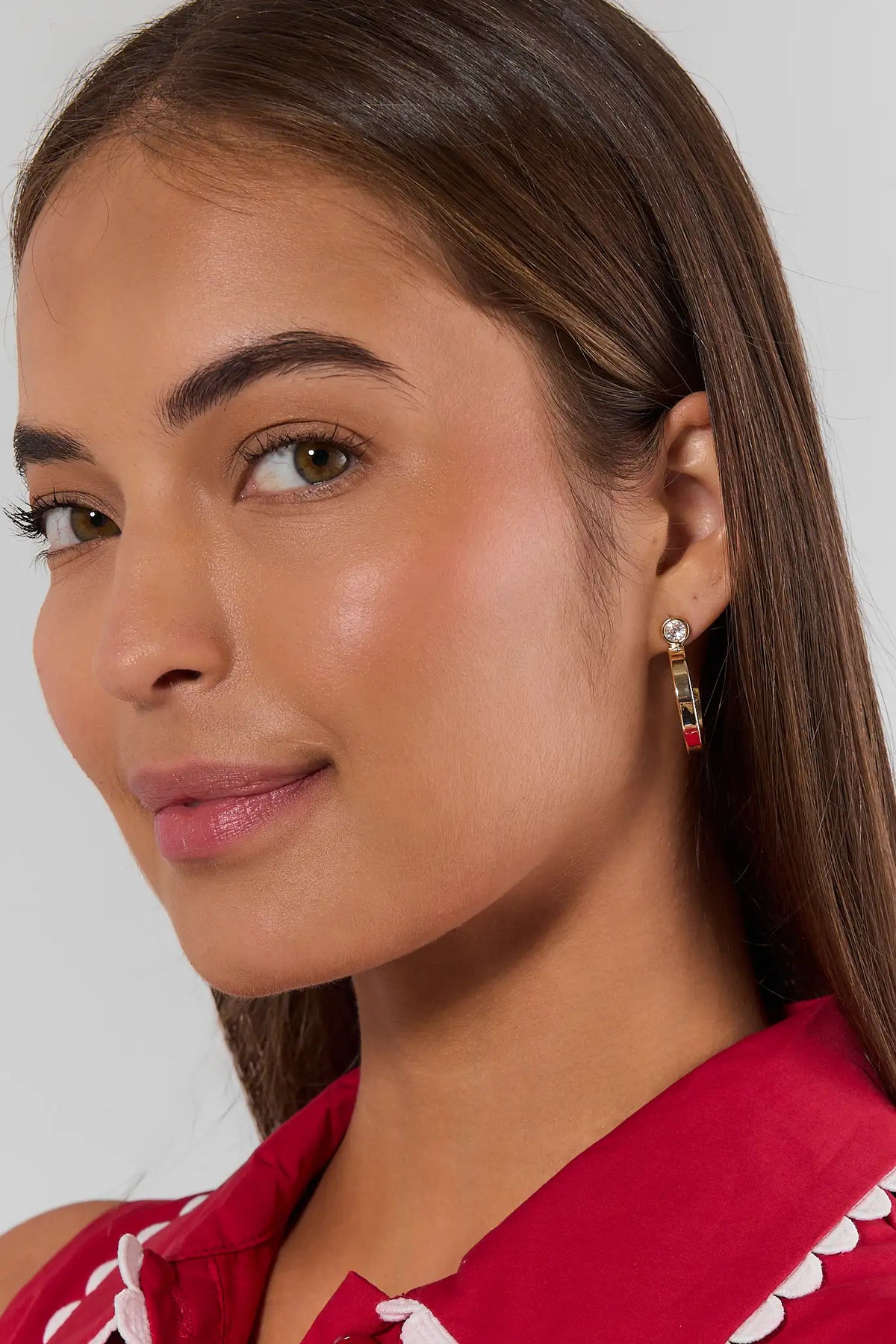 Gold Rhinestone Hoop Earrings - On Model Side View | Avara