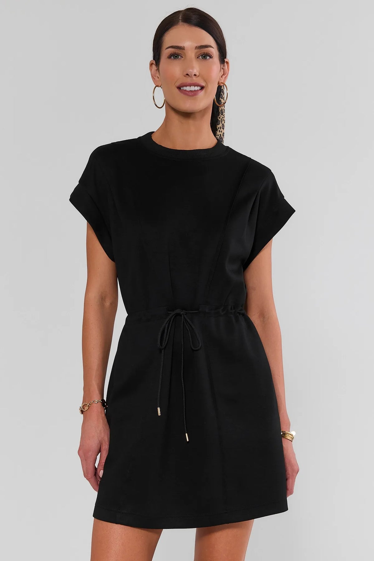 Black Drawstring Waist Short Dress - Front View On Model | Avara