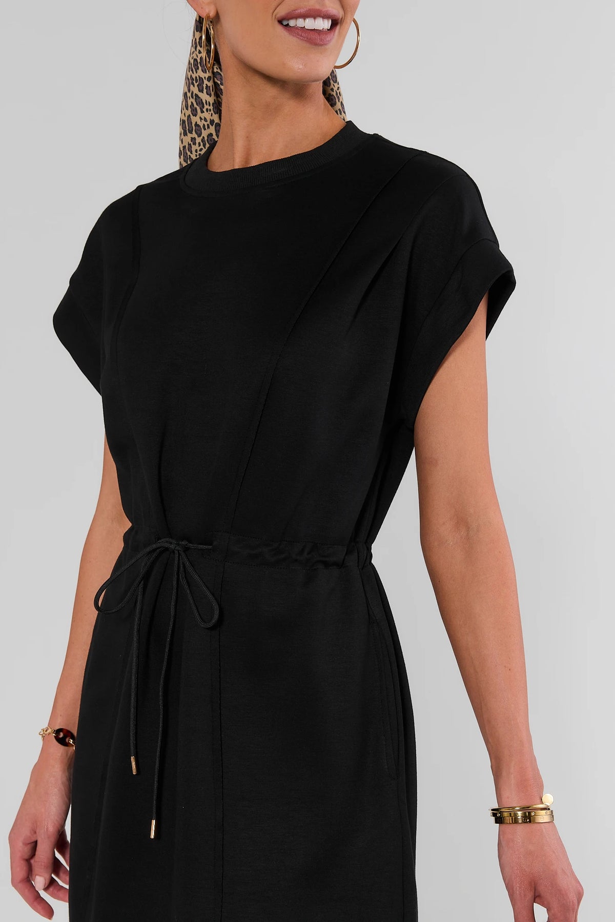 Black Drawstring Waist Mini Dress - Waist Detail Close-Up | Avara