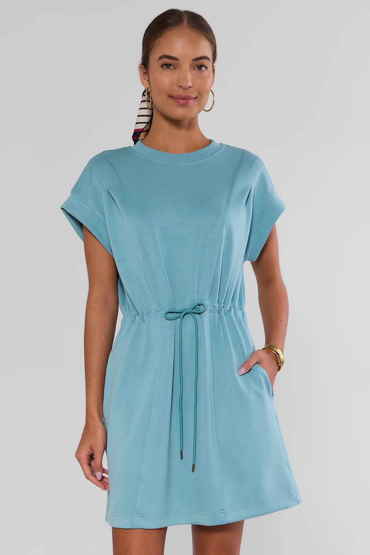 Teal Blue Drawstring Waist Short Dress - Front View On Model | Avara