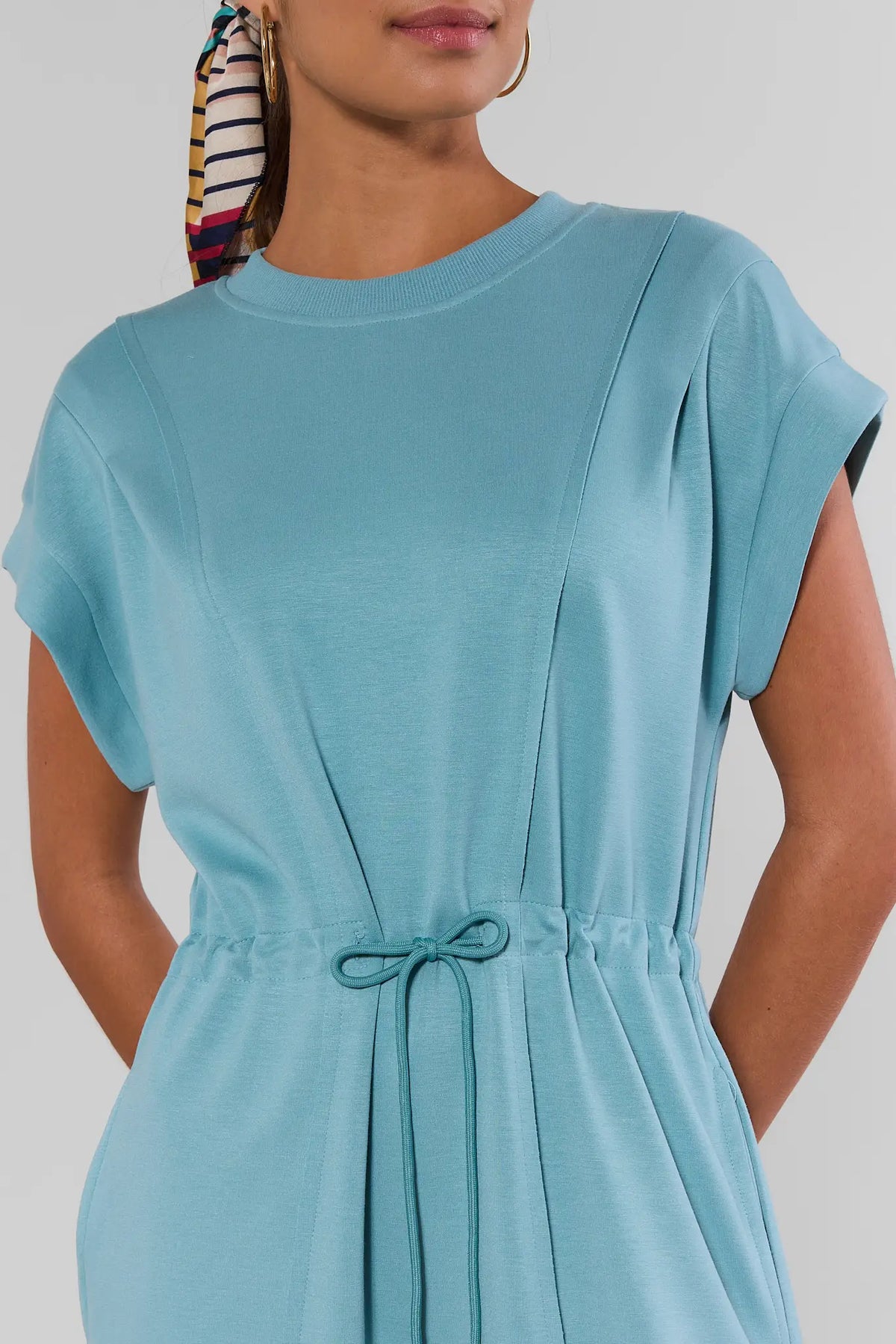 Blue Drawstring Waist Short Dress - Waist Tie Close-Up Detail | Avara
