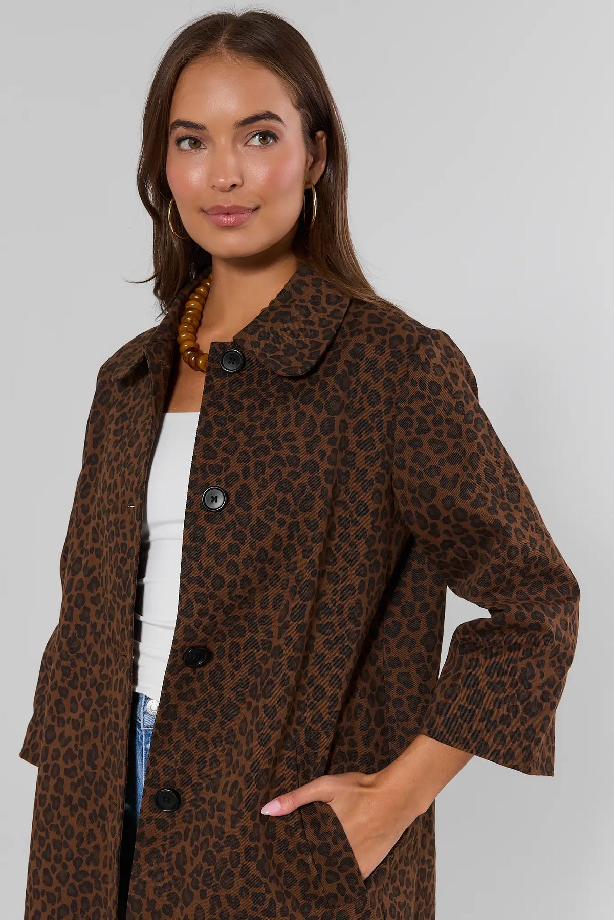Brown Leopard Print Coat - Side Angle Close-Up, Button Detail | Avara