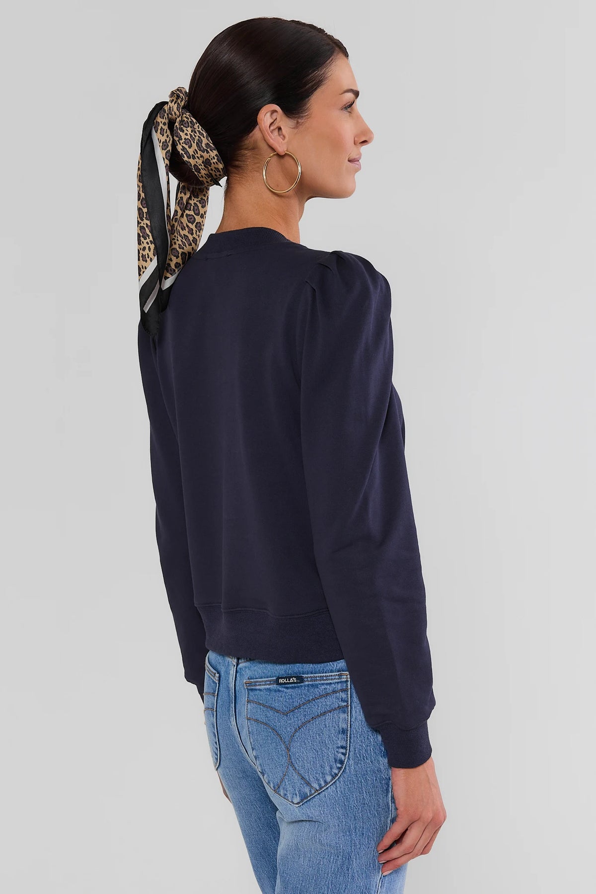 Navy Knit Puff Sleeve Pullover - Back View Showing Silhouette | Avara