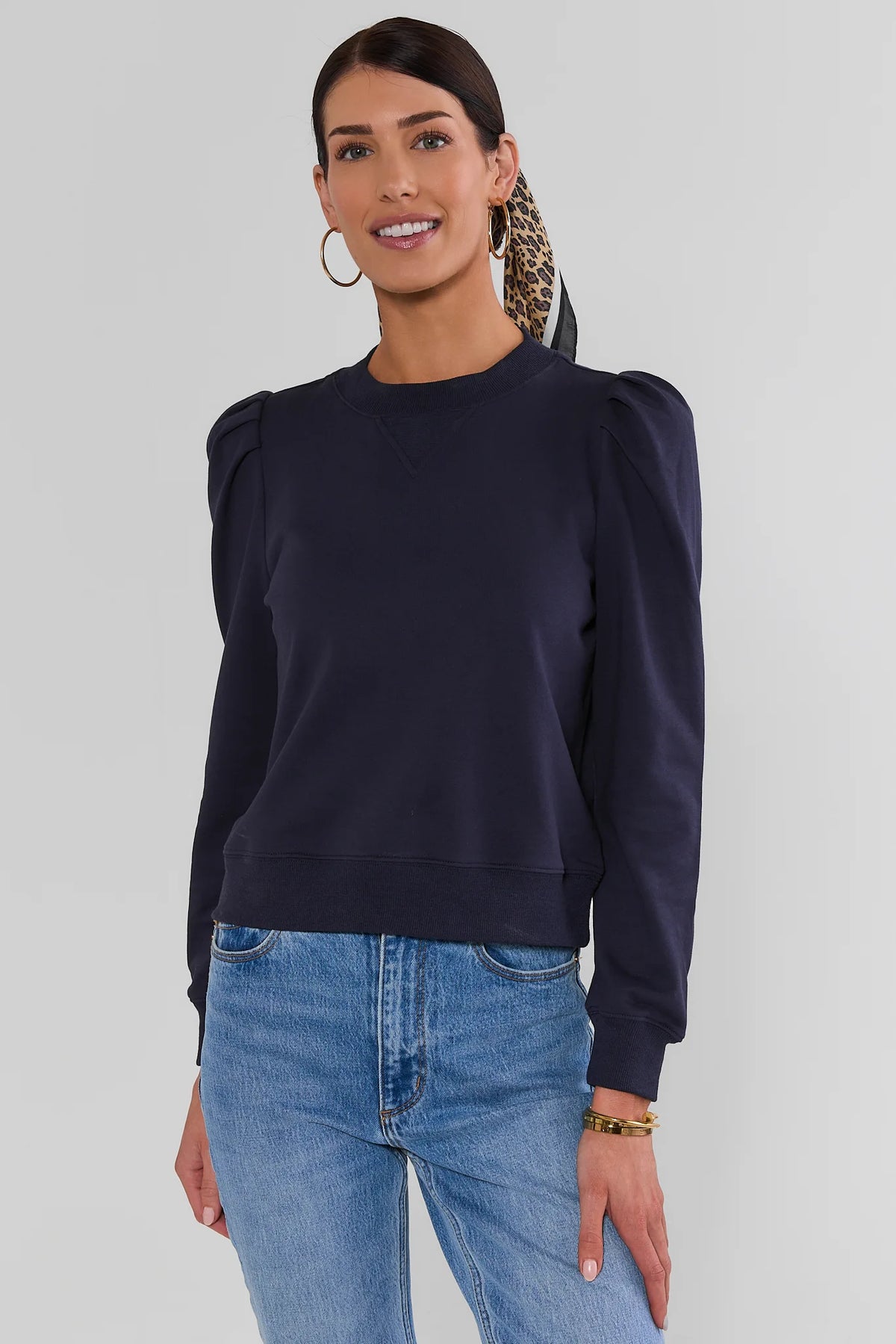 Navy Puff Sleeve Crewneck Sweatshirt - Three-Quarter Front View | Avara