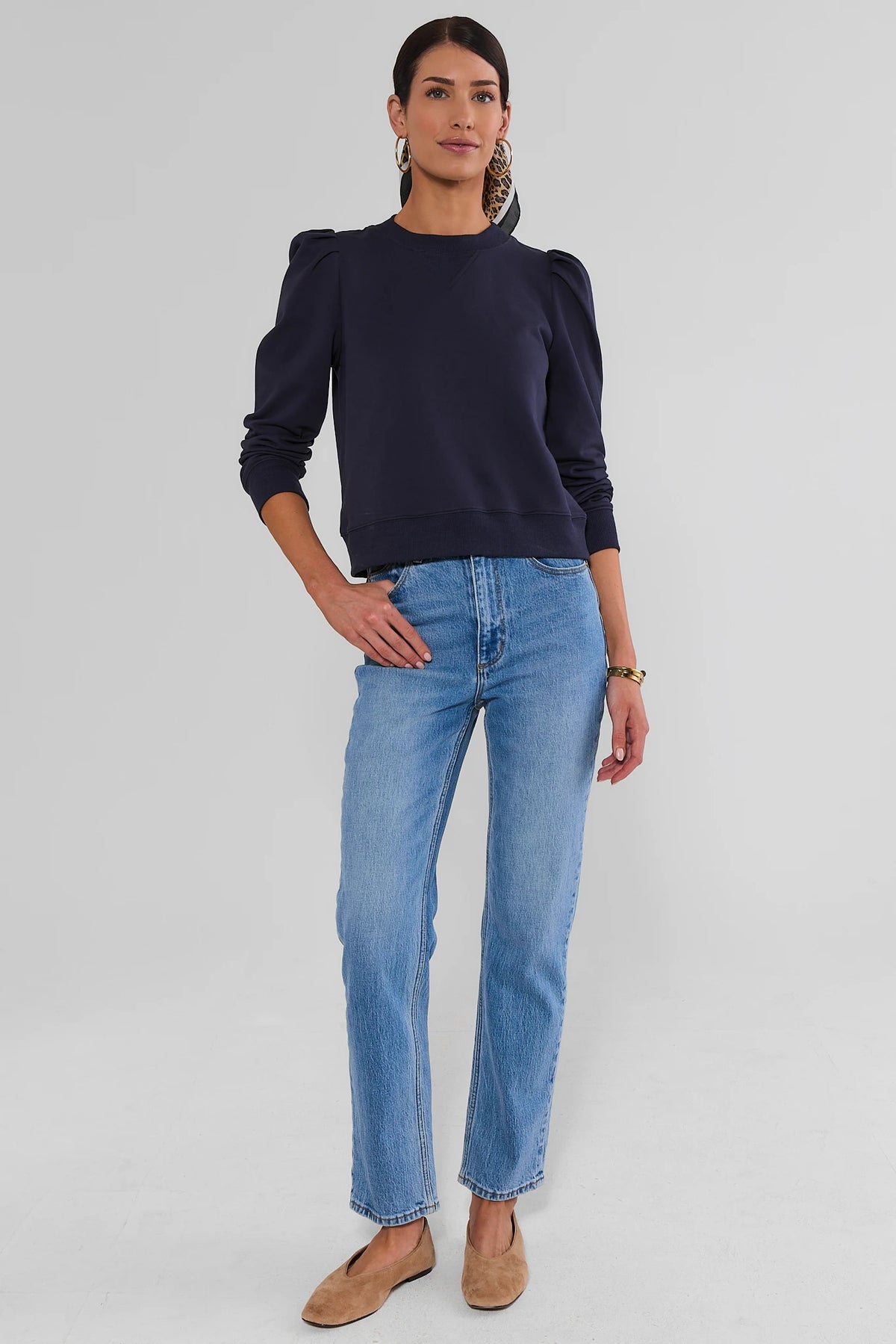 Navy Puff Sleeve Pullover - Full Length On Model with Light Wash Jeans | Avara
