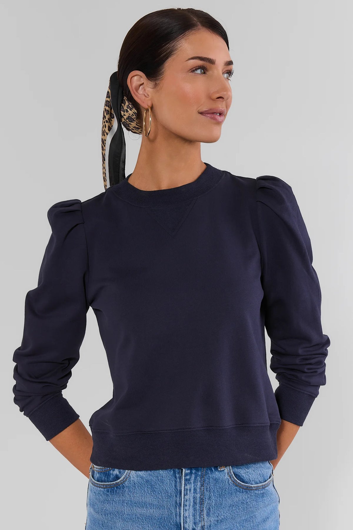 Navy Puff Sleeve Pullover Sweatshirt - Front View, Styled with Jeans | Avara