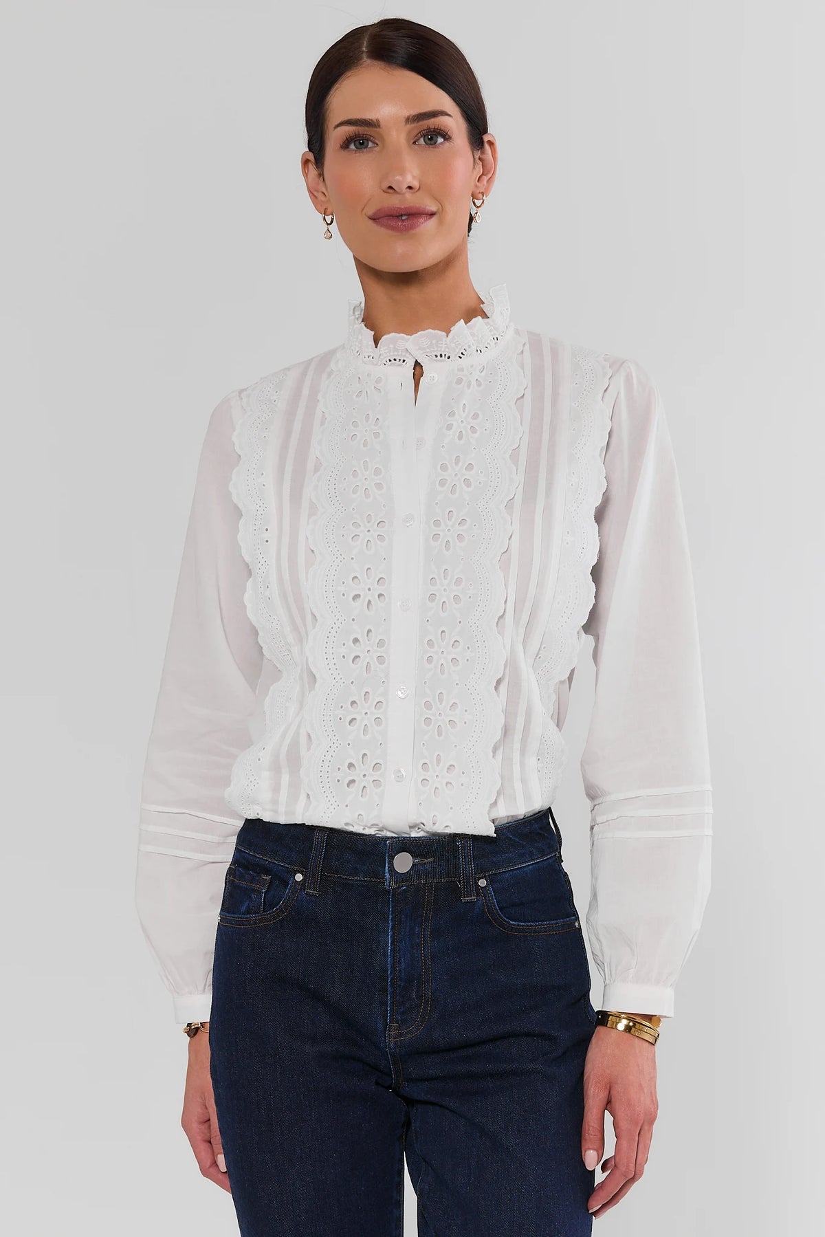 White Eyelet Detail Button-Up Top - Front View On Model | Avara