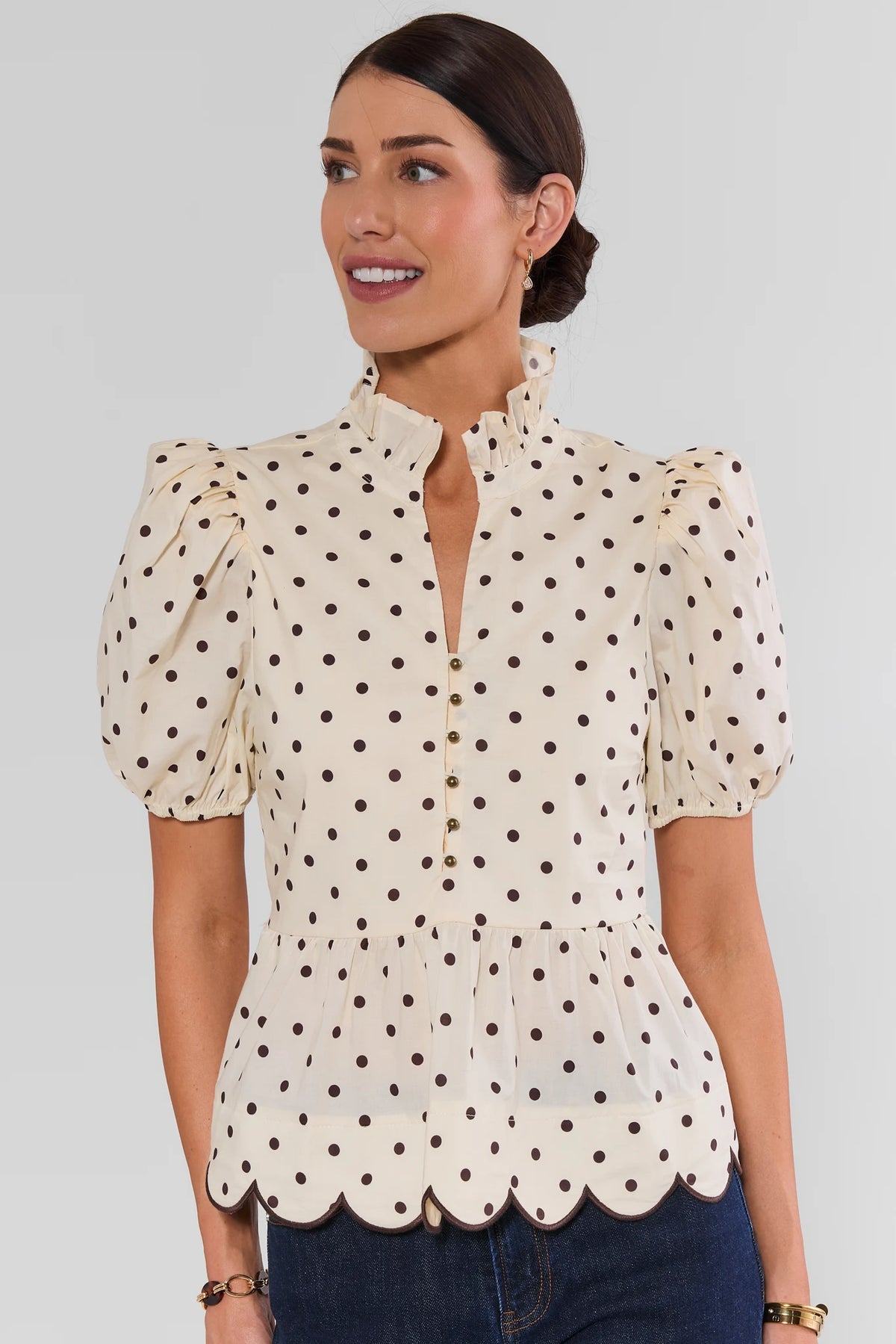 Cream Polka Dot Scalloped Peplum Top - Front View On Model | Avara