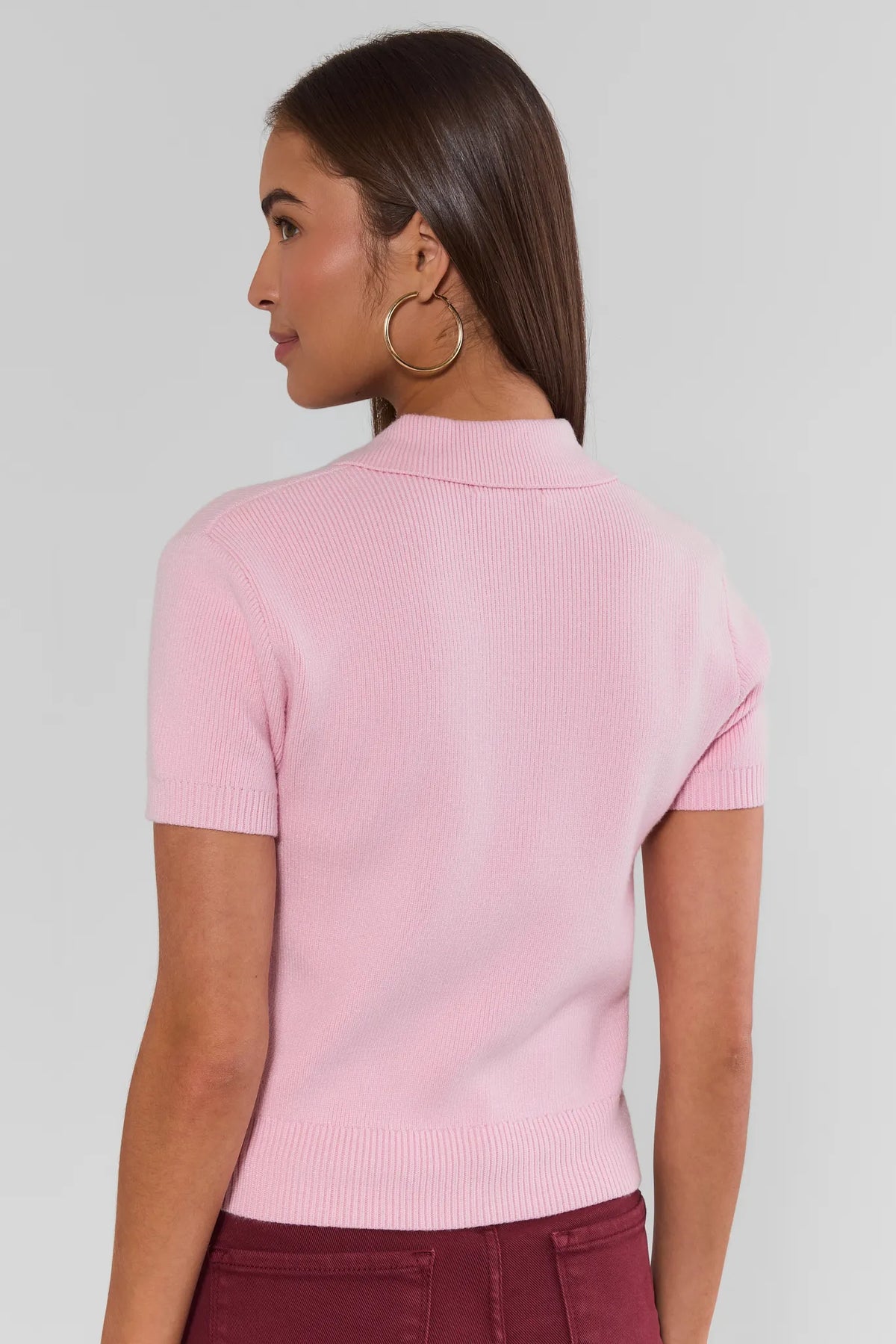 Pink Collared Knit Top - Back View On Model | Avara
