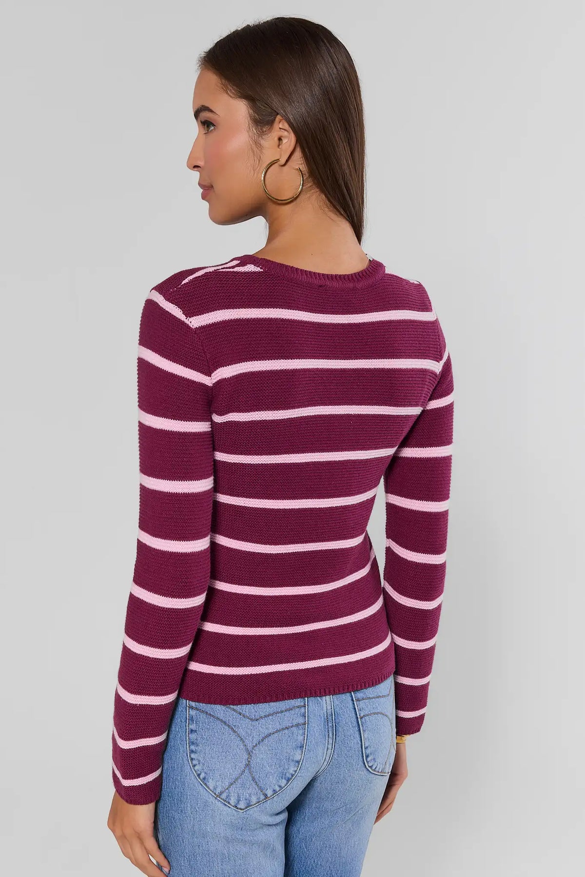 Burgundy Pink Striped Knit Sweater - Back View On Model with Jeans | Avara