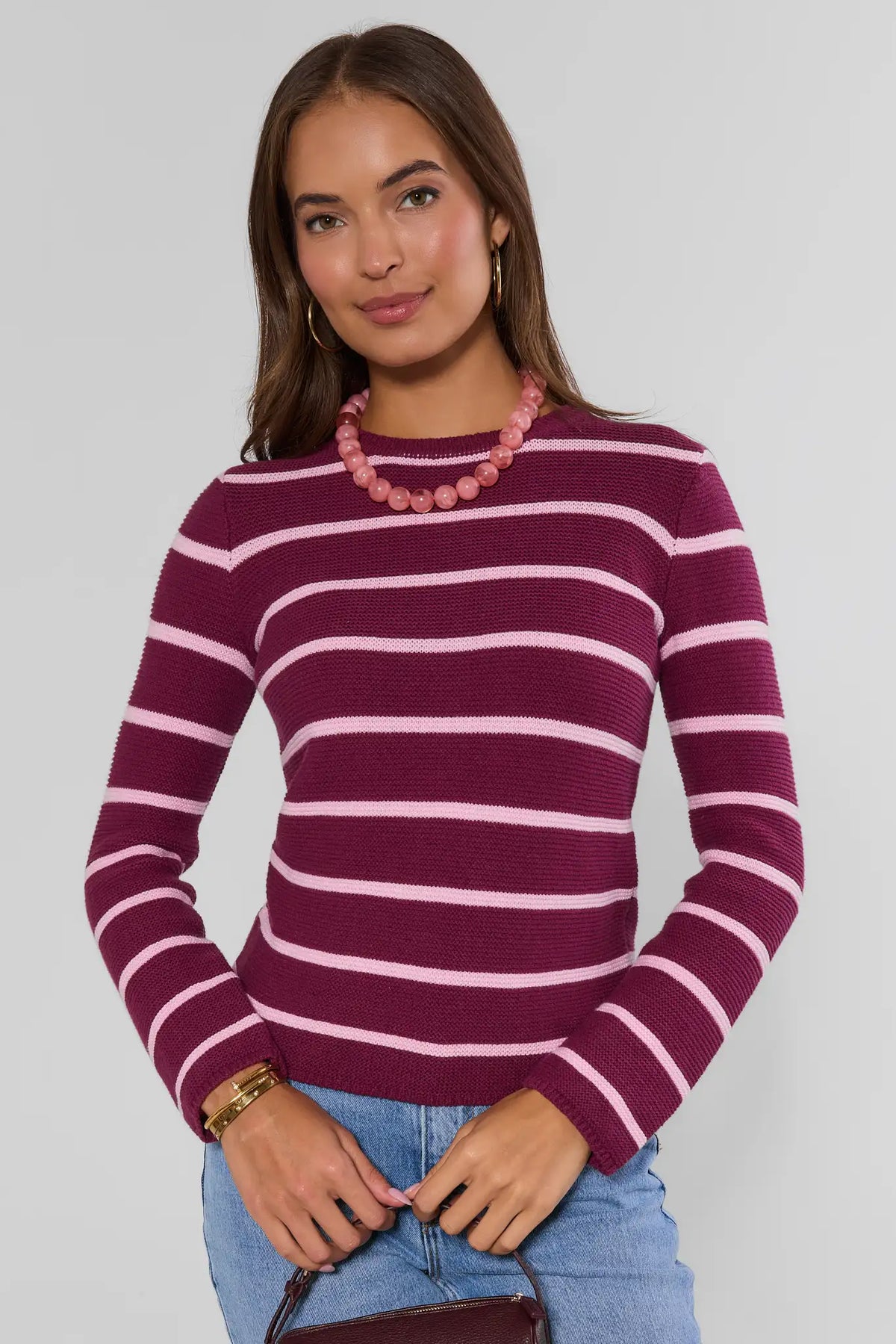 Burgundy Pink Striped Knit Sweater - Front View On Model | Avara