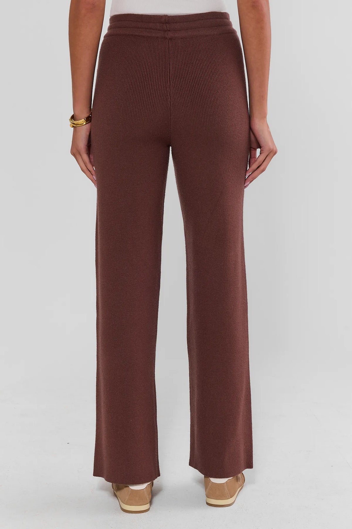 Brown Knit Wide-Leg Lounge Pants - Back View Ribbed Fabric Detail | Avara