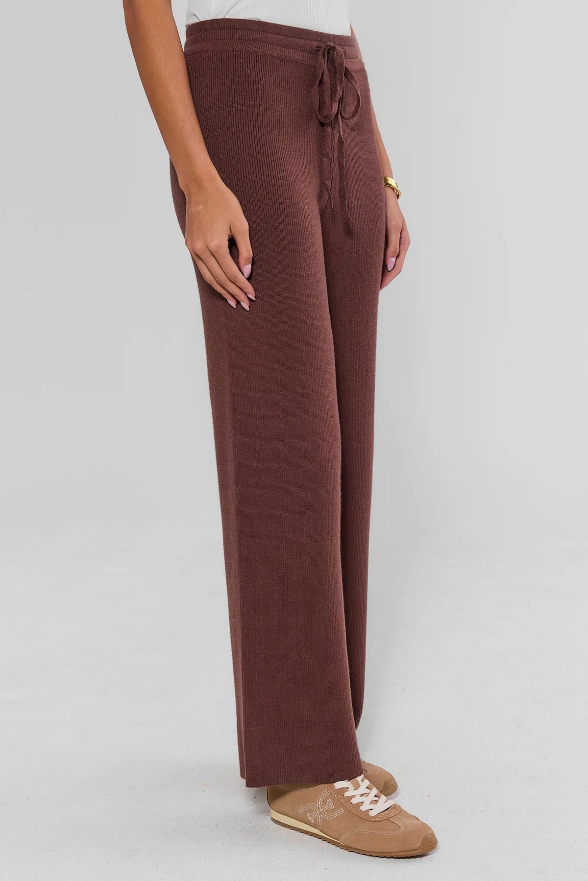 Brown Ribbed Knit Wide-Leg Pants - Side Profile Drawstring Waist | Avara
