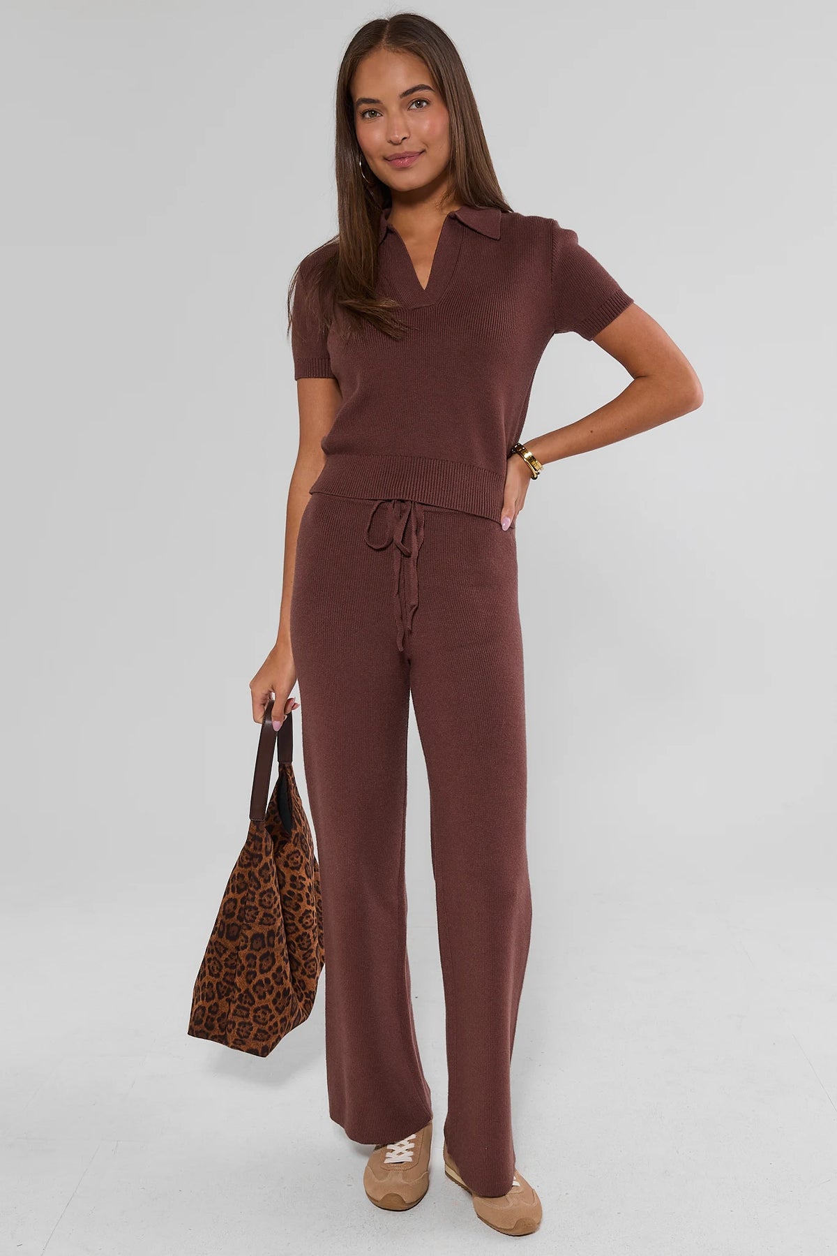 Brown Knit Wide-Leg Lounge Pants - Coordinated Set Front View On Model | Avara