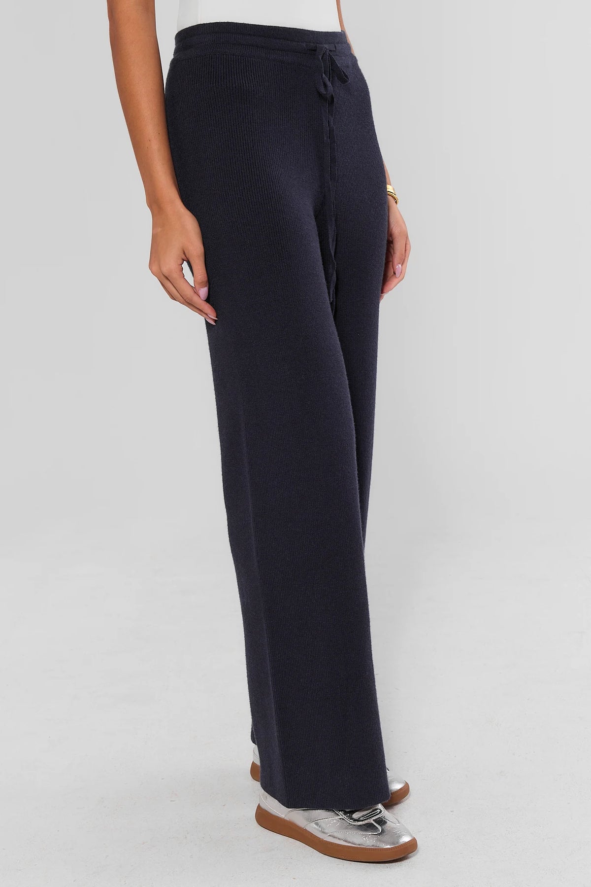 Navy Knit Wide-Leg Lounge Pants - Side View, Drawstring Waist Detail | Avara