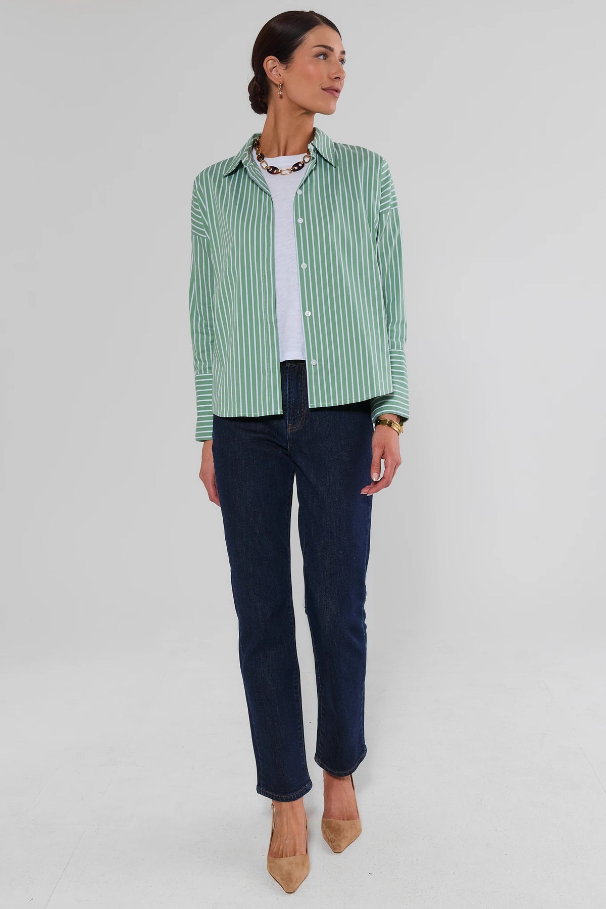 Green Striped Button-Up Top - Back View Showing Yoke Detail and Cuffed Sleeves | Avara