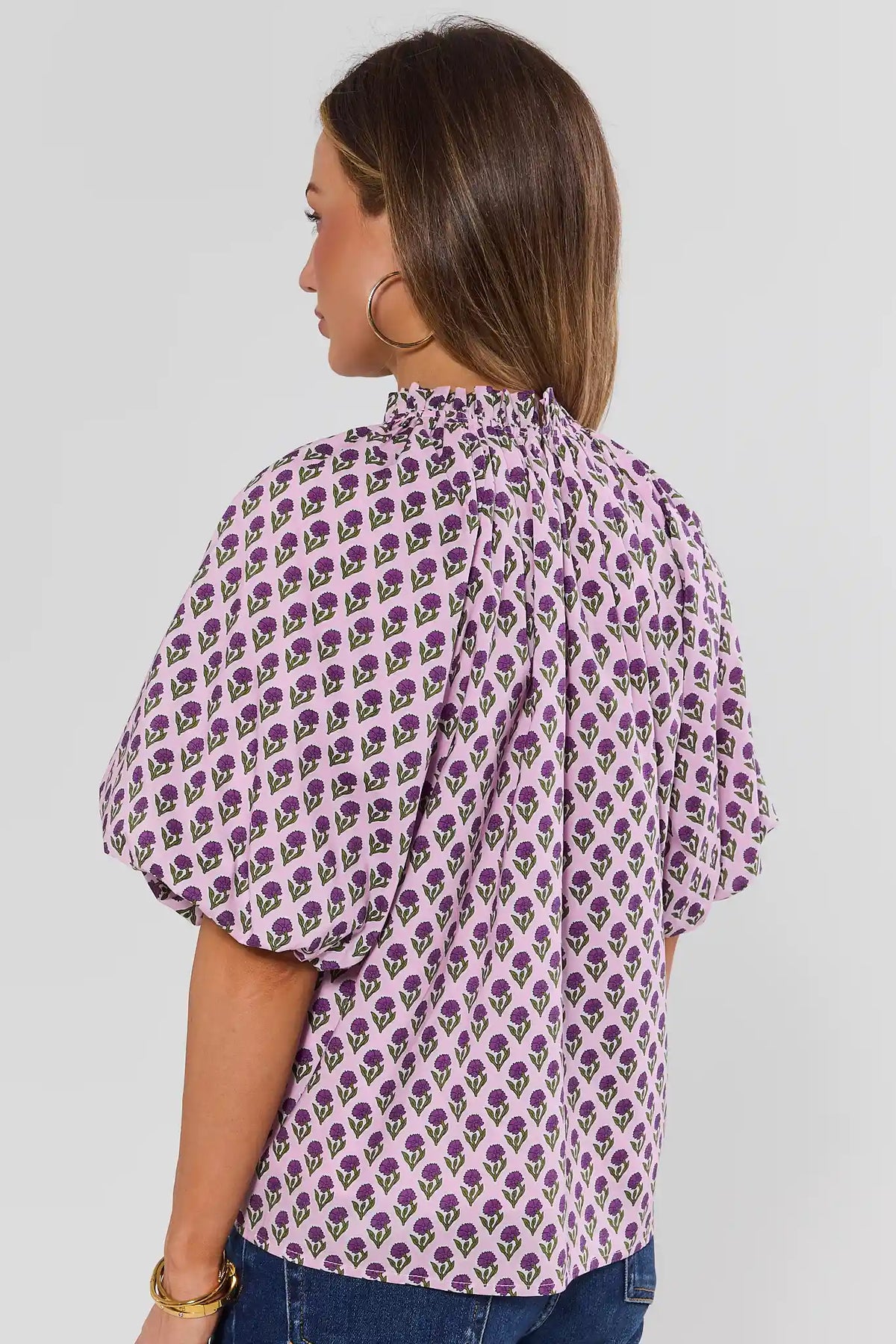 Purple Block Print Gathered Top - Back View Showing Puff Sleeves On Model | Avara
