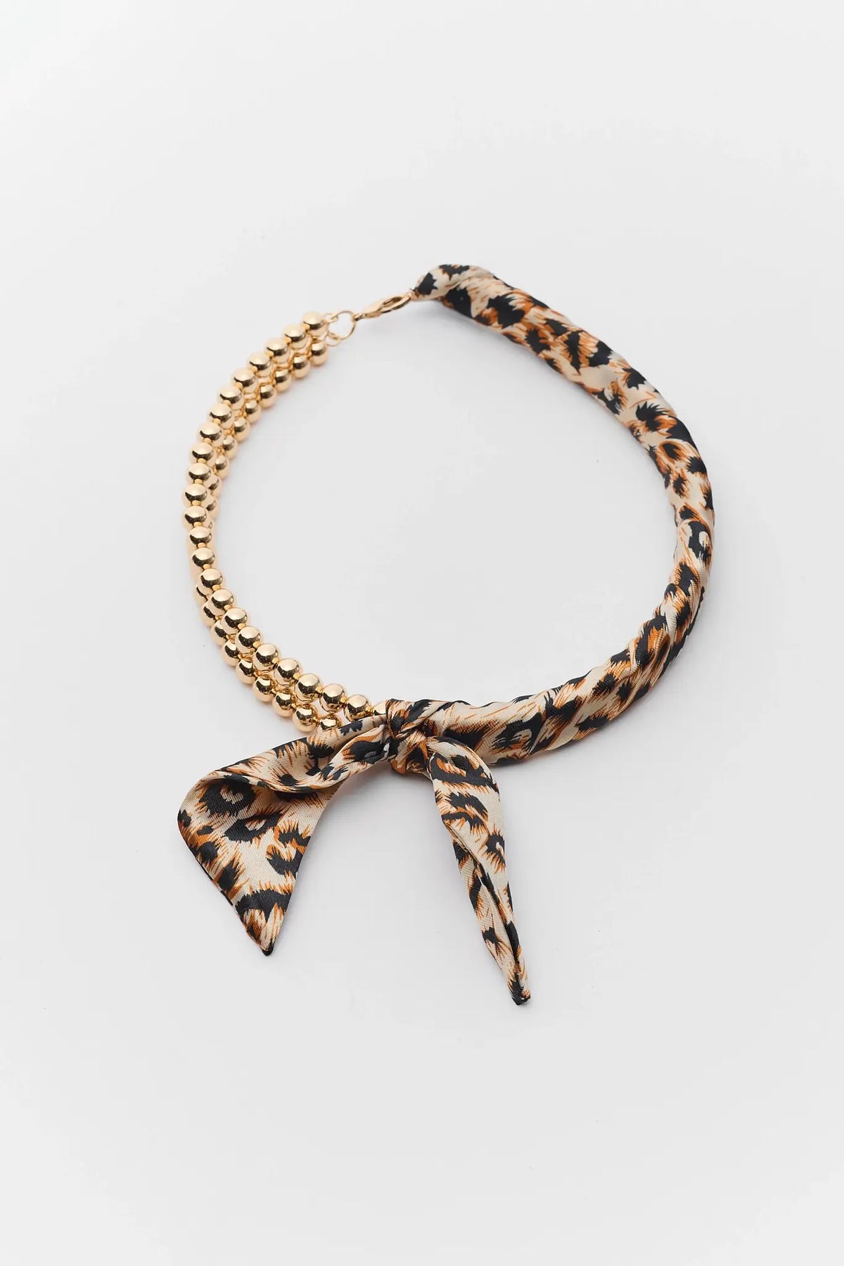 Gold Beaded Leopard Scarf Necklace - Flat Lay Detail | Avara