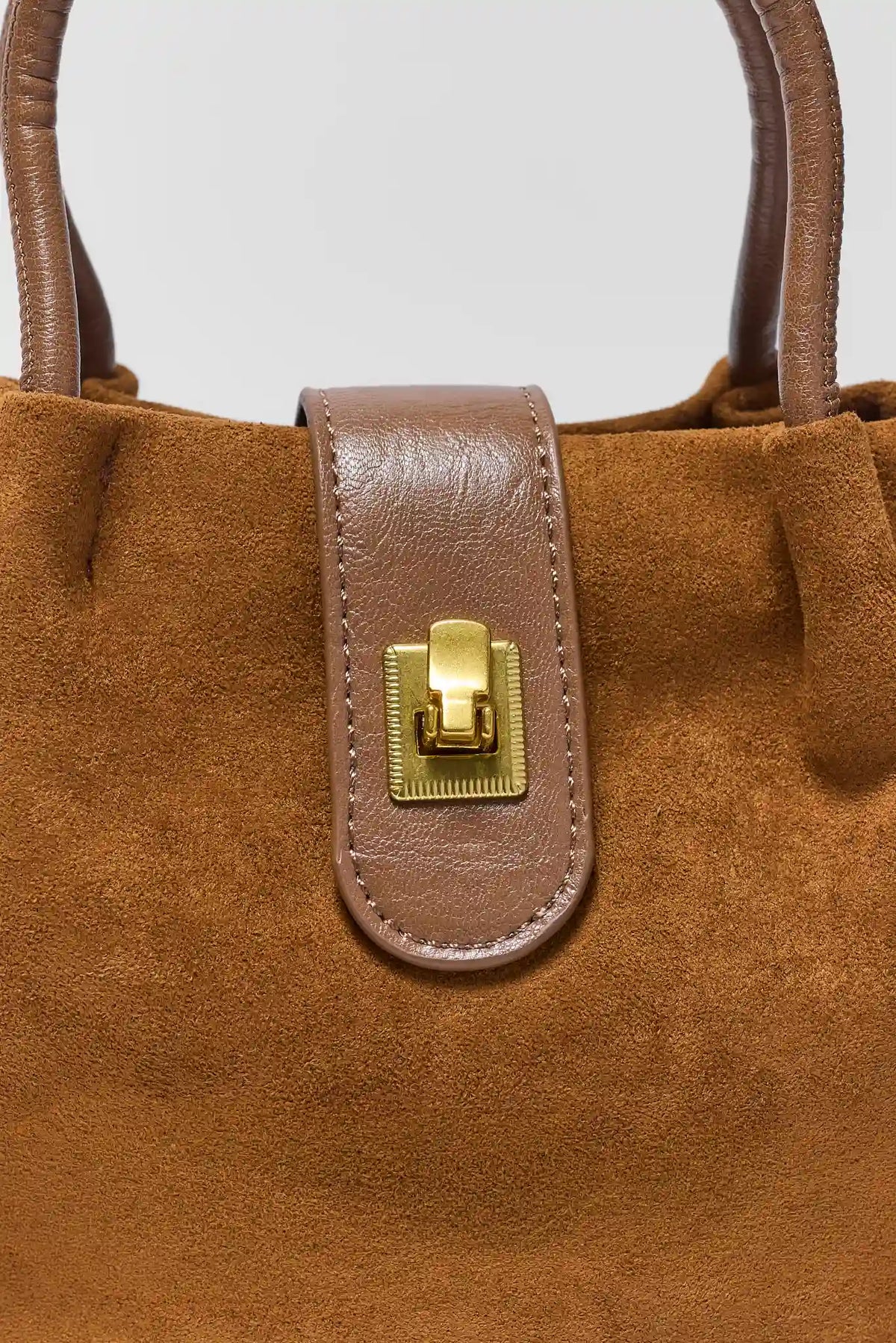 Camel Faux Suede Bucket Bag Gold Turn-Lock Closure - Hardware Detail | Avara